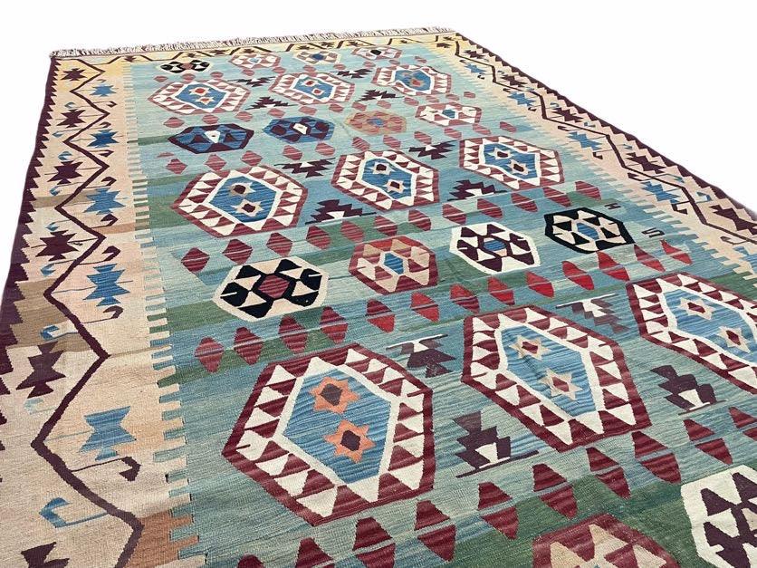 Turkish Kilim Carpet 8x12, Large Colorful New Kilim Rug, High Quality, Kilim Geometric Pattern, Blues, Yellows, Teal, Wool, Hand-Knotted - Jewel Rugs