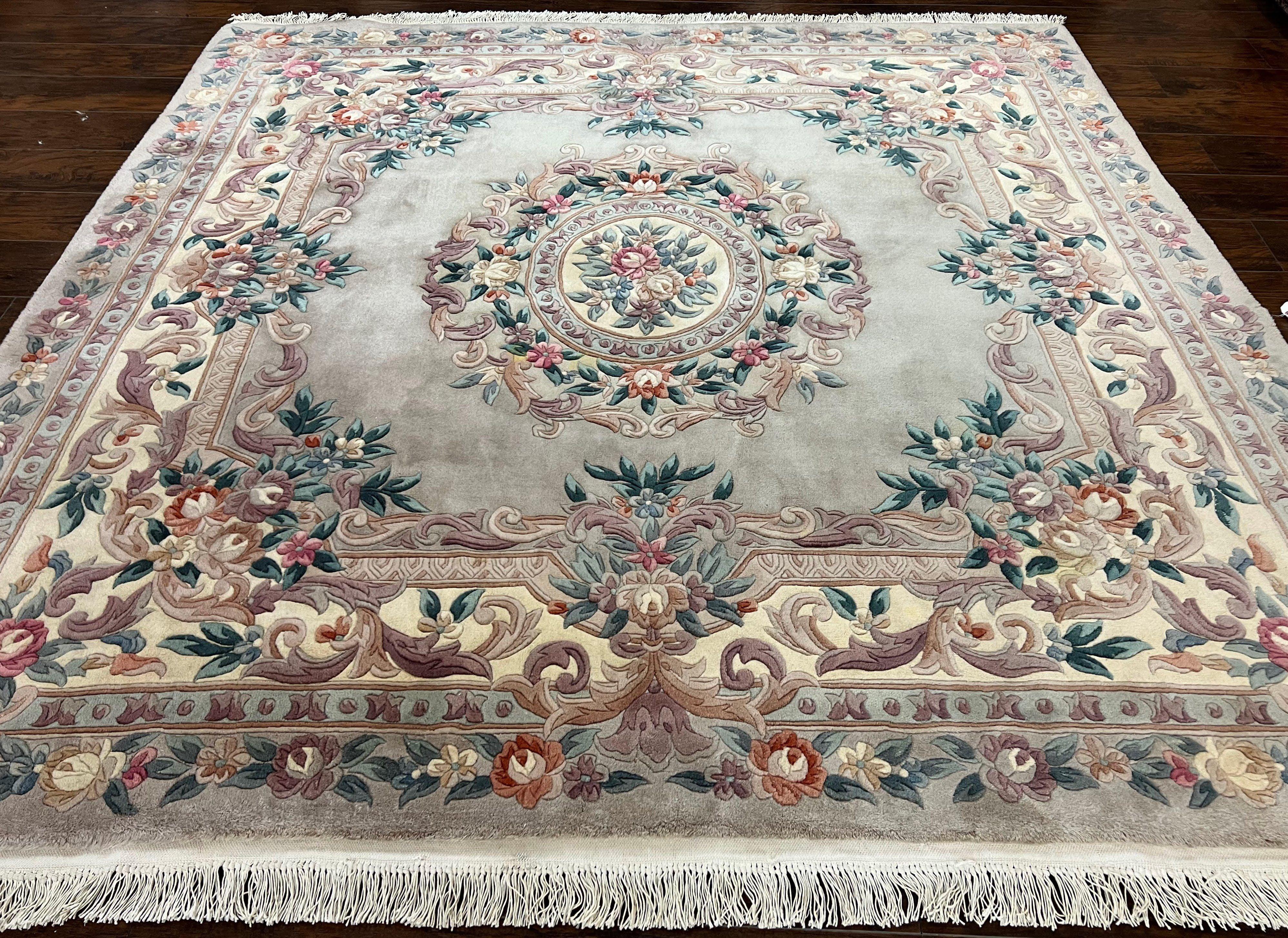 Chinese Wool Rug 8x8 ft, Square Chinese 90 Line Carpet, Gray and Cream, Chinese Aubusson Rug, Art Deco Carpet, Handmade Vintage Wool Rug - Jewel Rugs