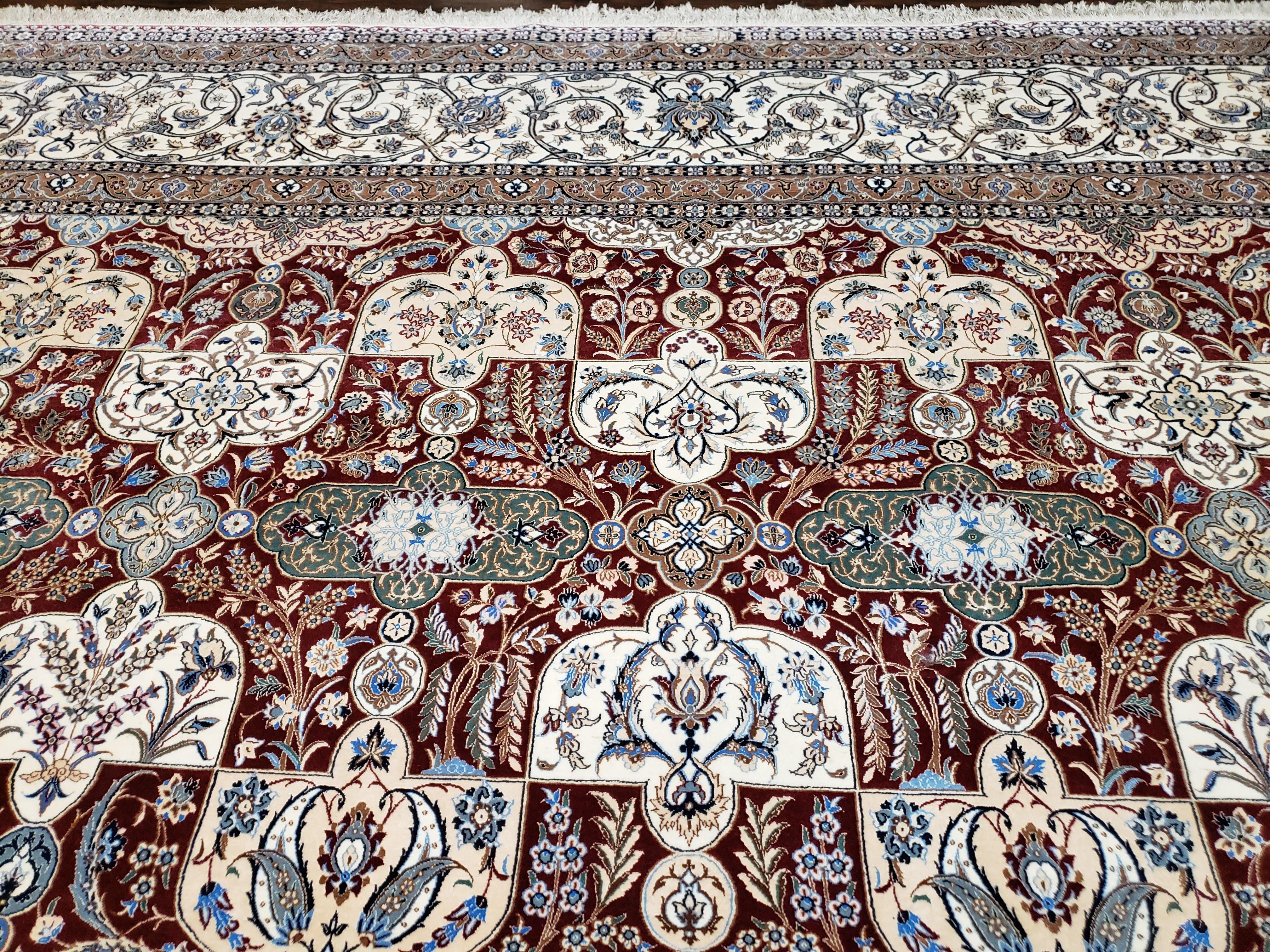 Vintage Persian Nain, Wool on Silk Foundation, Ivory & Maroon, Hand-Knotted, 11' 1" x 14' 9" - Jewel Rugs