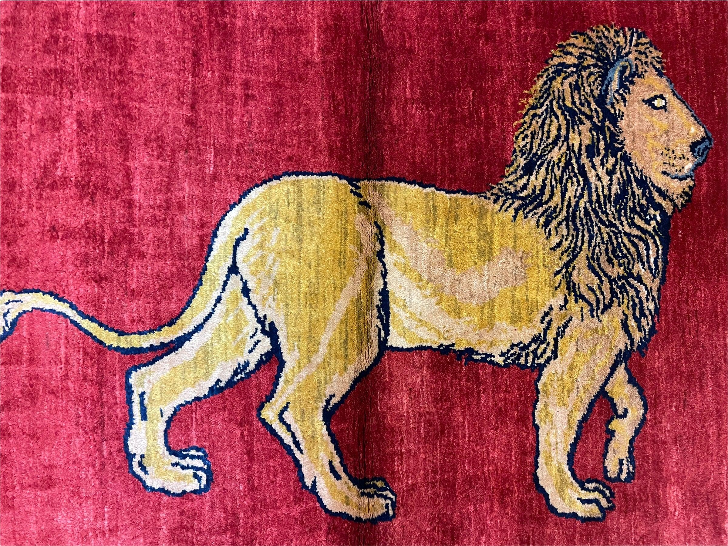 3 X 5 Handmade Hand-Knotted Rug Quality Wool Pictorial Lion Red Organic Dyes - Jewel Rugs