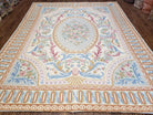 Vintage Savonnerie Rug 8x10, Chain Stitched Carpet 7.9 x 10.3, Crewel Style Cream & Blue Hand-Stitched Handmade Flat Pile French Rug - Jewel Rugs