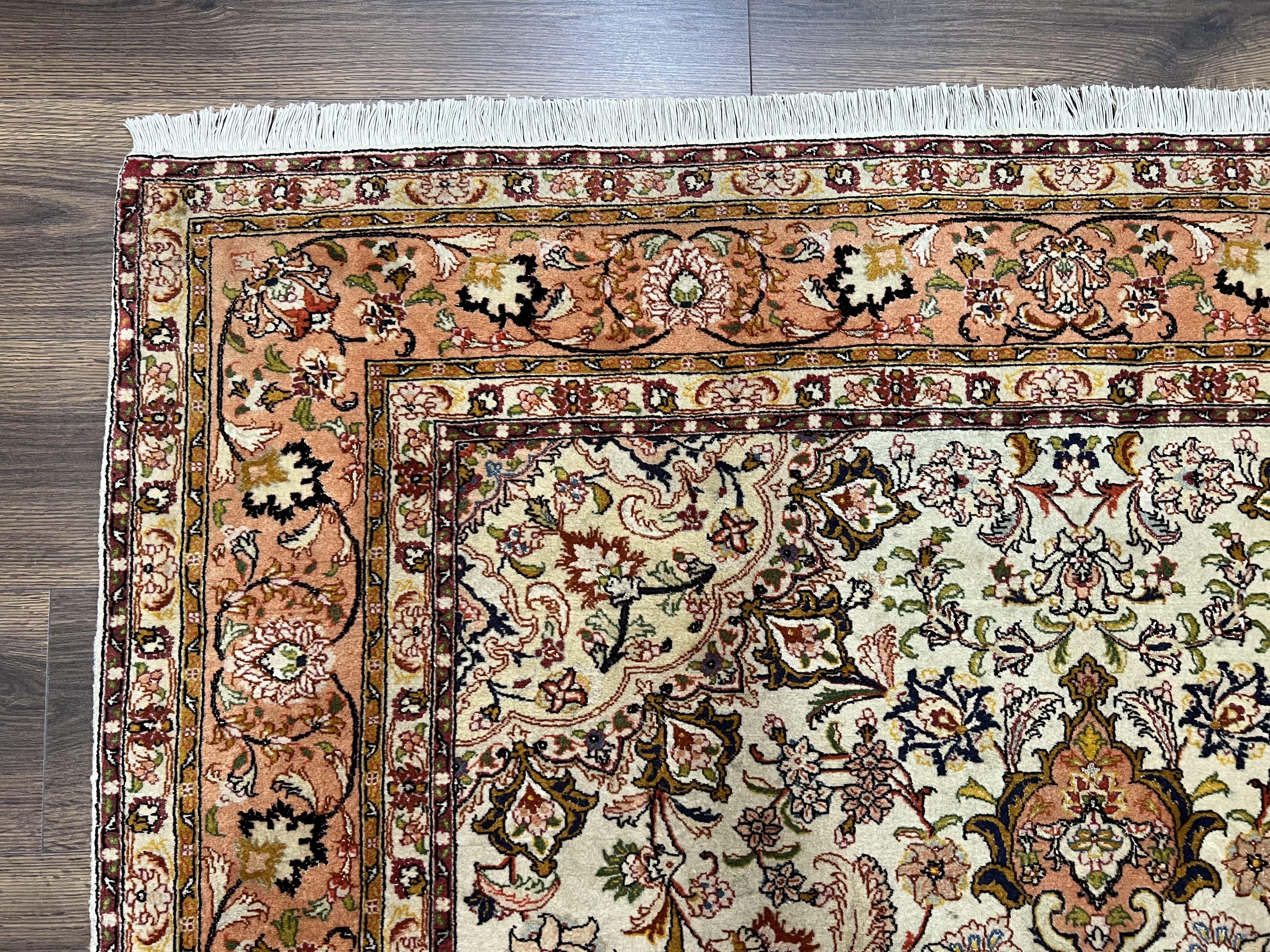 Stunning Persian Rug 5x7, Very Fine Authentic Persian Tabriz Carpet, 1960s Vintage Floral Medallion, Hand Knotted Wool Rug, Cream Salmon Gold - Jewel Rugs