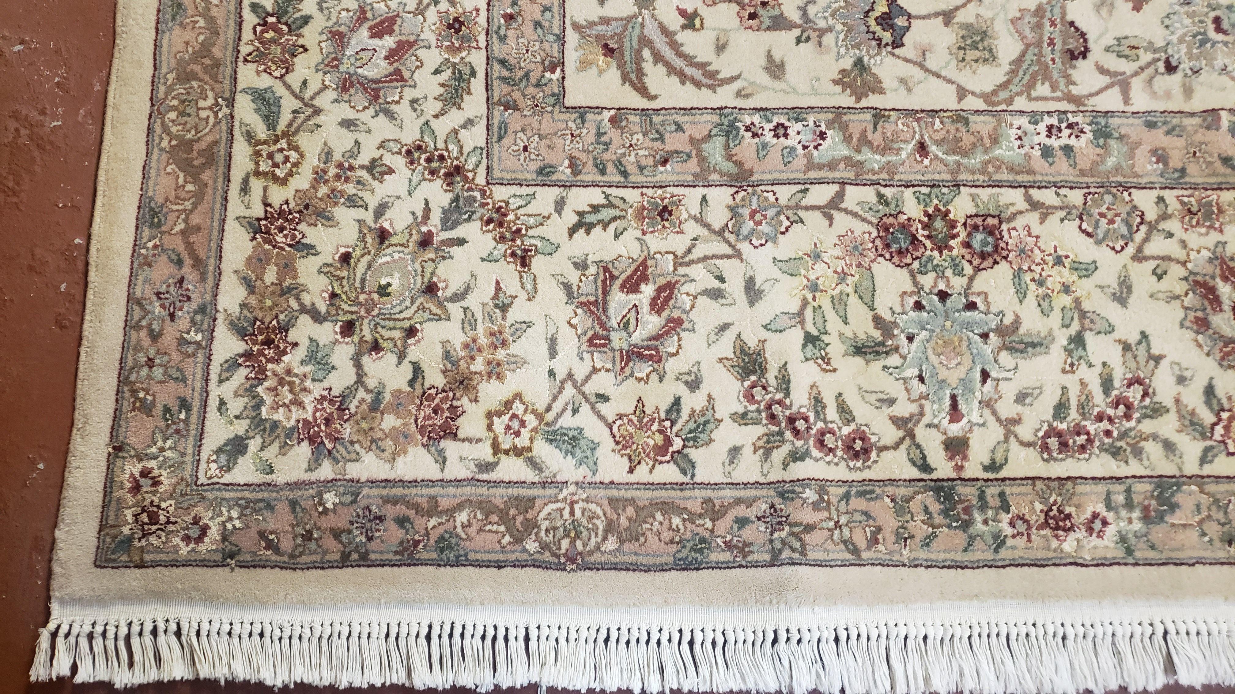 Vintage Oriental Carpet 9x12, Persian Design, Wool with Silk, Finely Hand Knotted, Beige & Teal, Allover Floral Traditional Pattern - Jewel Rugs