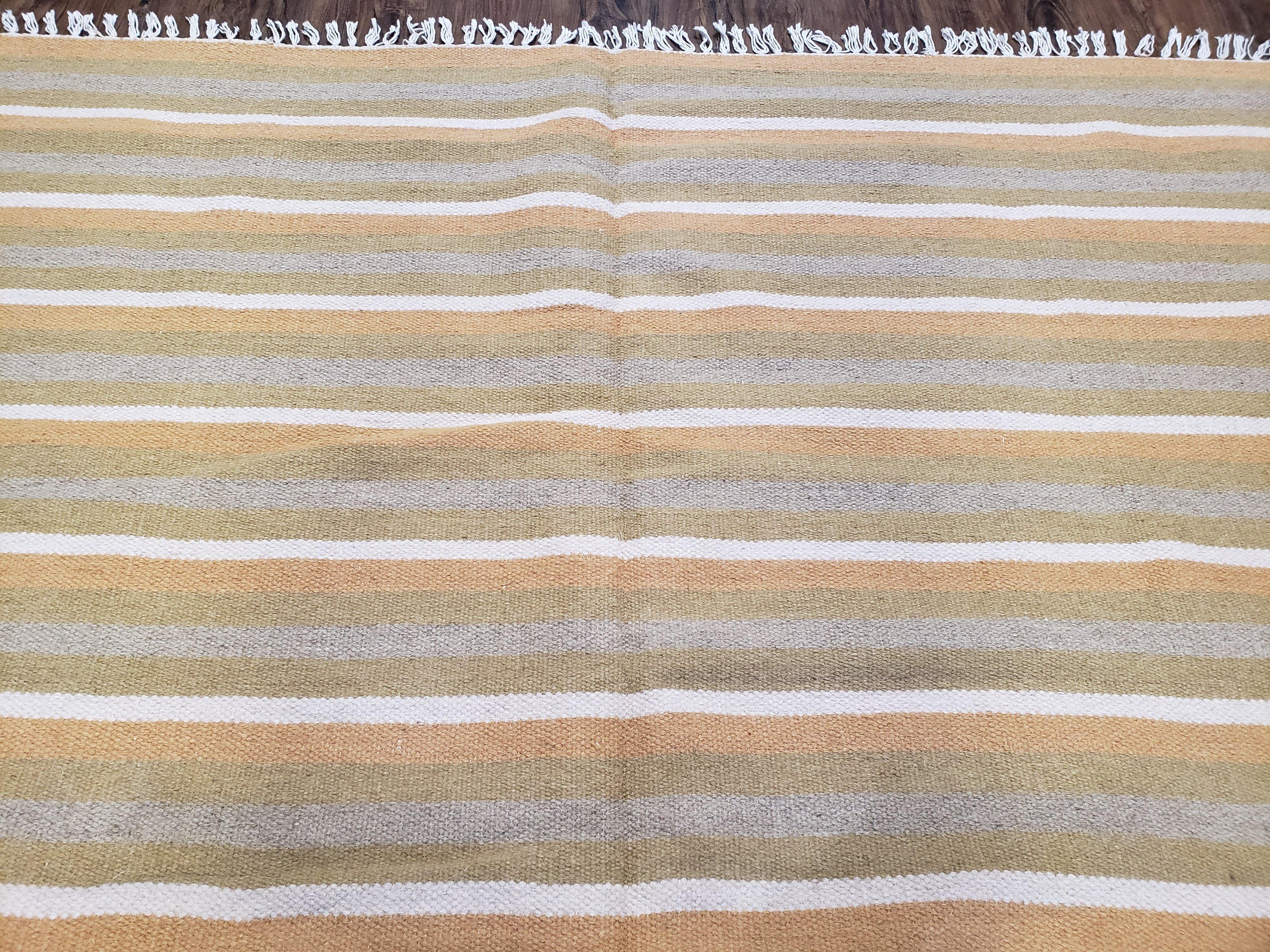 New Indian Kilim Area Rug, 6x8 - 7x8 South American Style Blanket, Striped Indian Wool Hand-Woven Flat Weave 6x9 Bedroom Rug, Ivory Ochre - Jewel Rugs