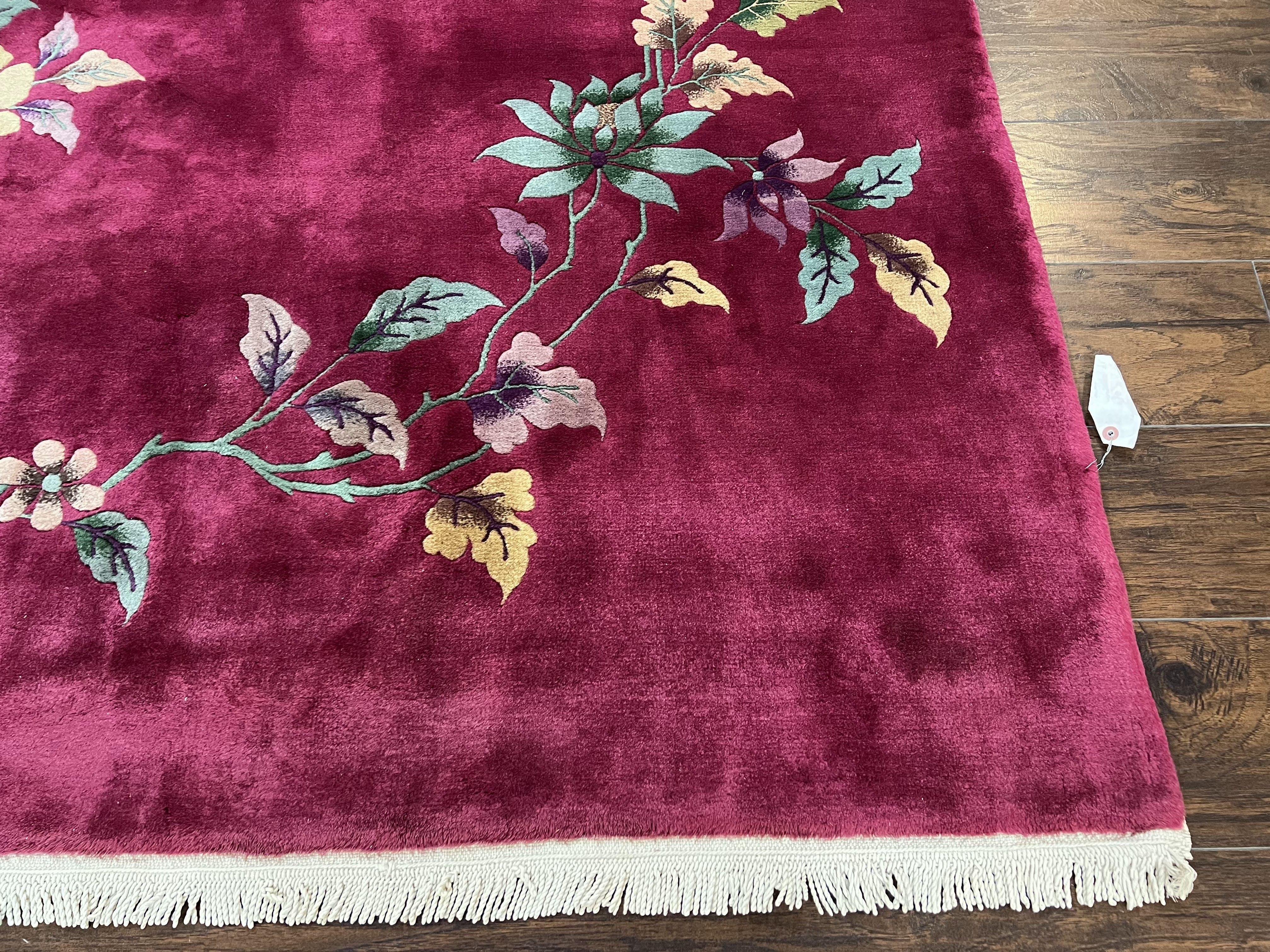 Antique Chinese Art Deco Rug 8.9 x 11.5, Chinese Nichols Carpet Purple/Red, Hand Knotted Wool Area Rug 9x12 Open Field Simple Design Flowers - Jewel Rugs