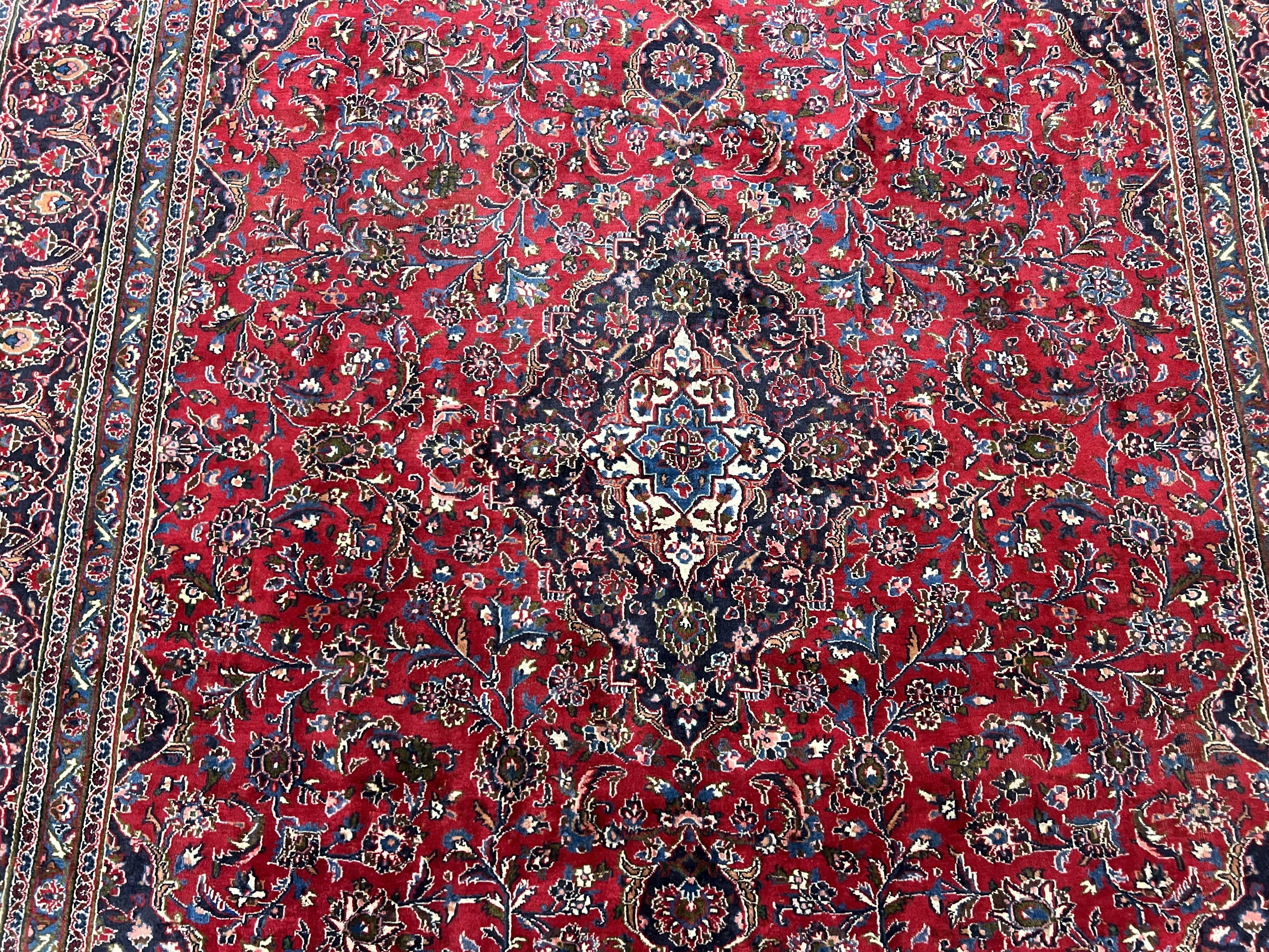 Large Persian Kashan Rug 10x13, Red Navy Blue, Allover Floral Medallion & Corner Design, Handmade Wool Oriental Carpet, Antique Traditional Rug - Jewel Rugs