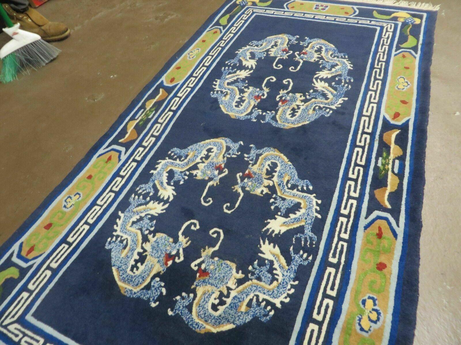 3' X 6' Vintage Handmade Chinese Art Deco Peking Wool Rug Carpet Dragons Blue - Jewel Rugs