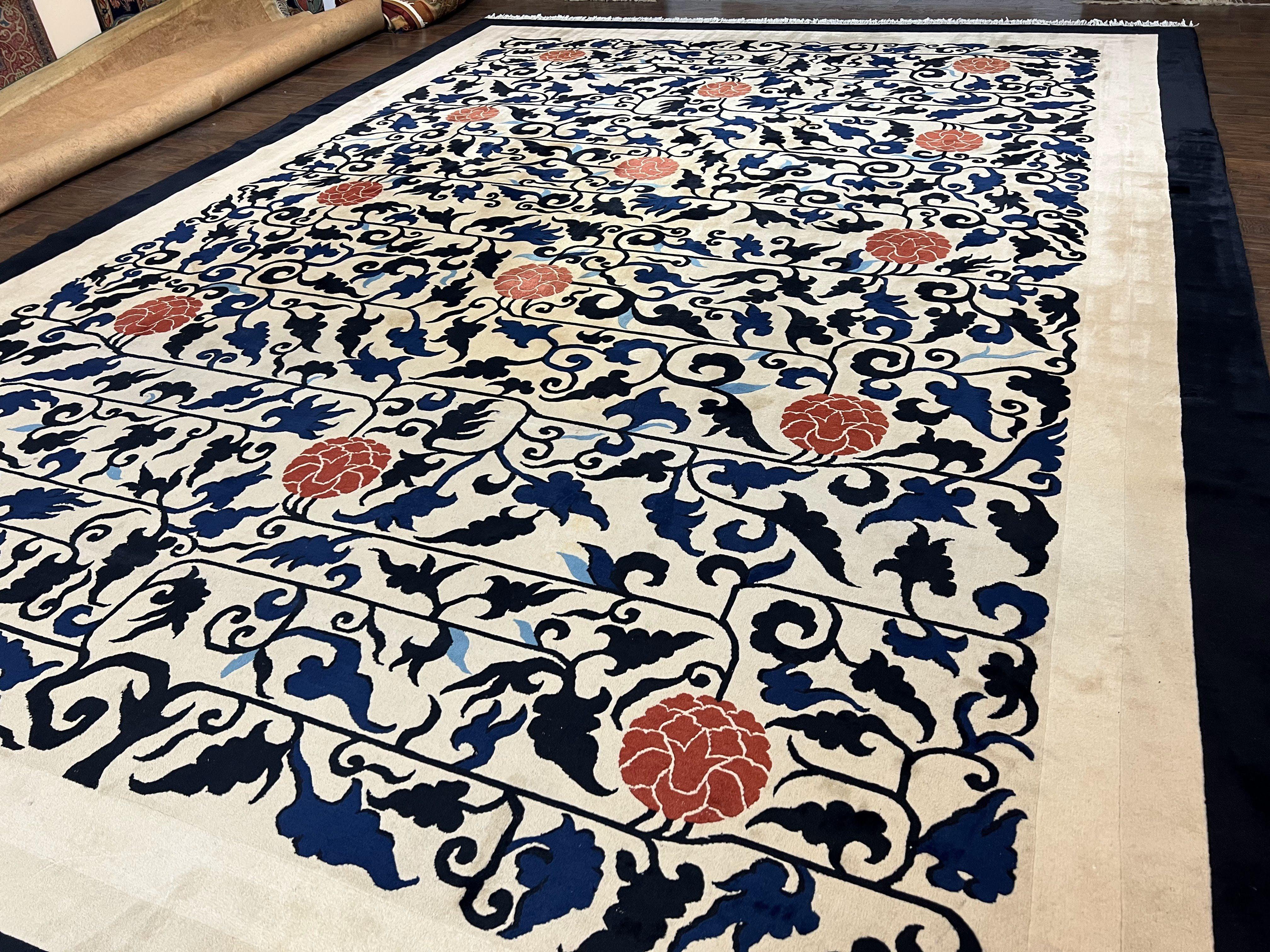 10x14 Chinese Peking Rug, Allover Pattern, Beige Black Blue Red, Handmade Hand Knotted Vintage 1940s Antique Living Room Chinese Carpet Nice - Jewel Rugs