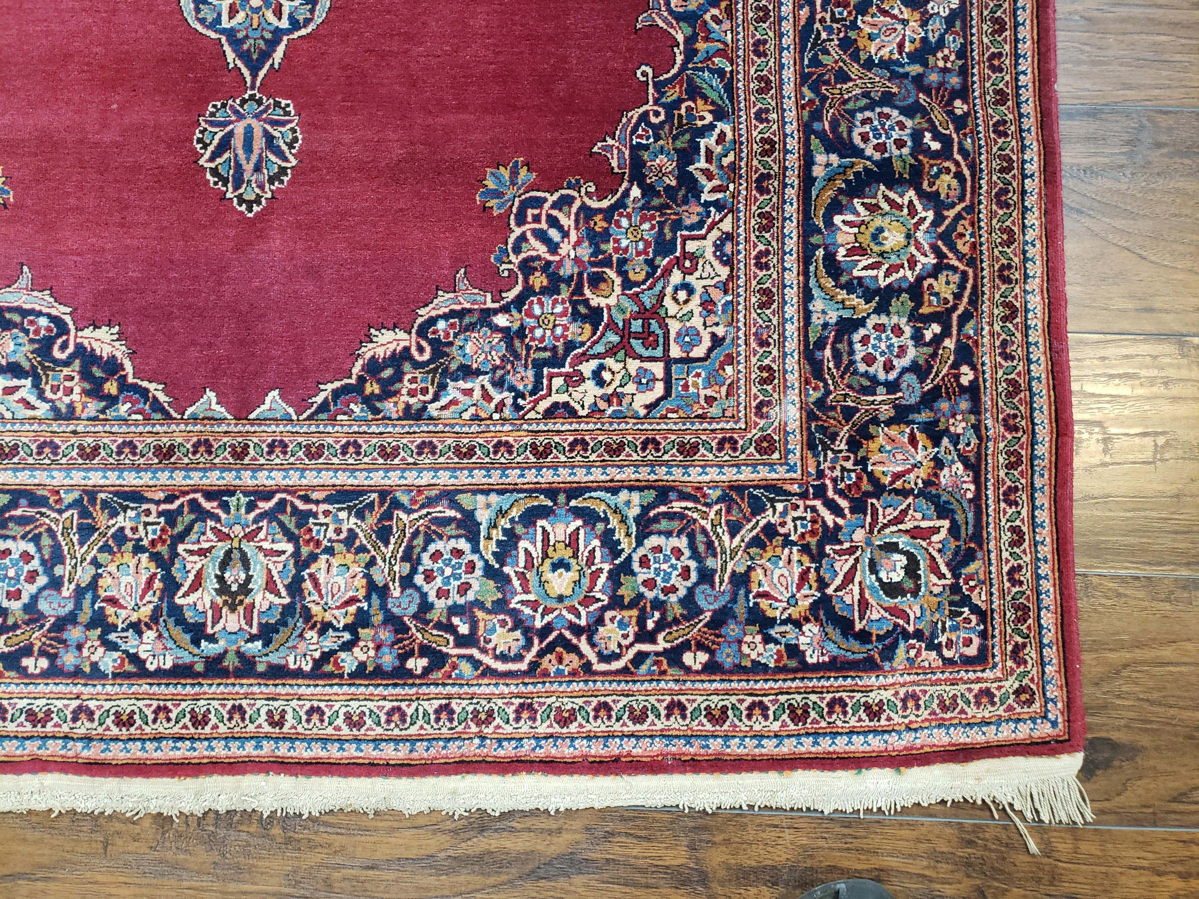 Semi Antique Persian Kashan Rug 4.5 x 7, Red and Navy Blue Persian Carpet, Medallion with Open Field, High Quality, Wool Hand Knotted Vintage Nice - Jewel Rugs