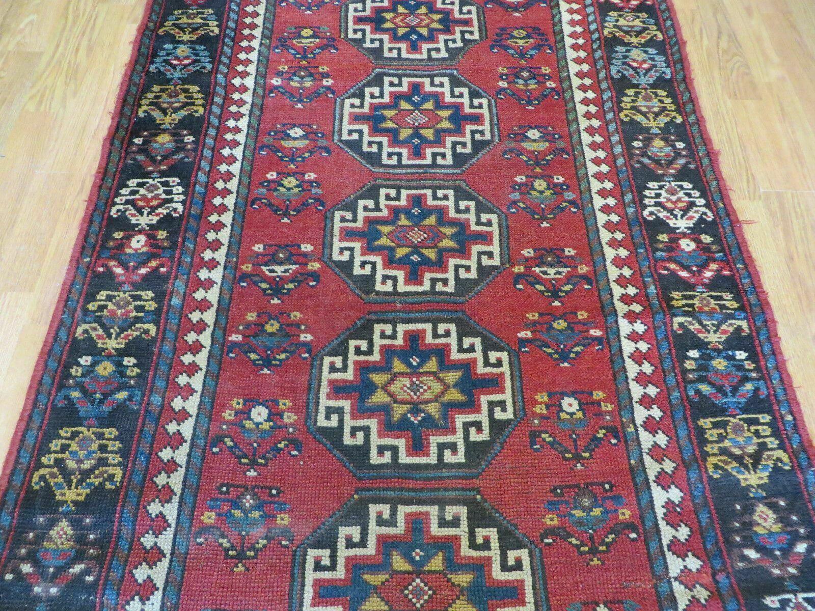 3' 3" X 10' Hand-Knotted Antique Handmade Caucasian Kazak Wool Runner Rug - Jewel Rugs