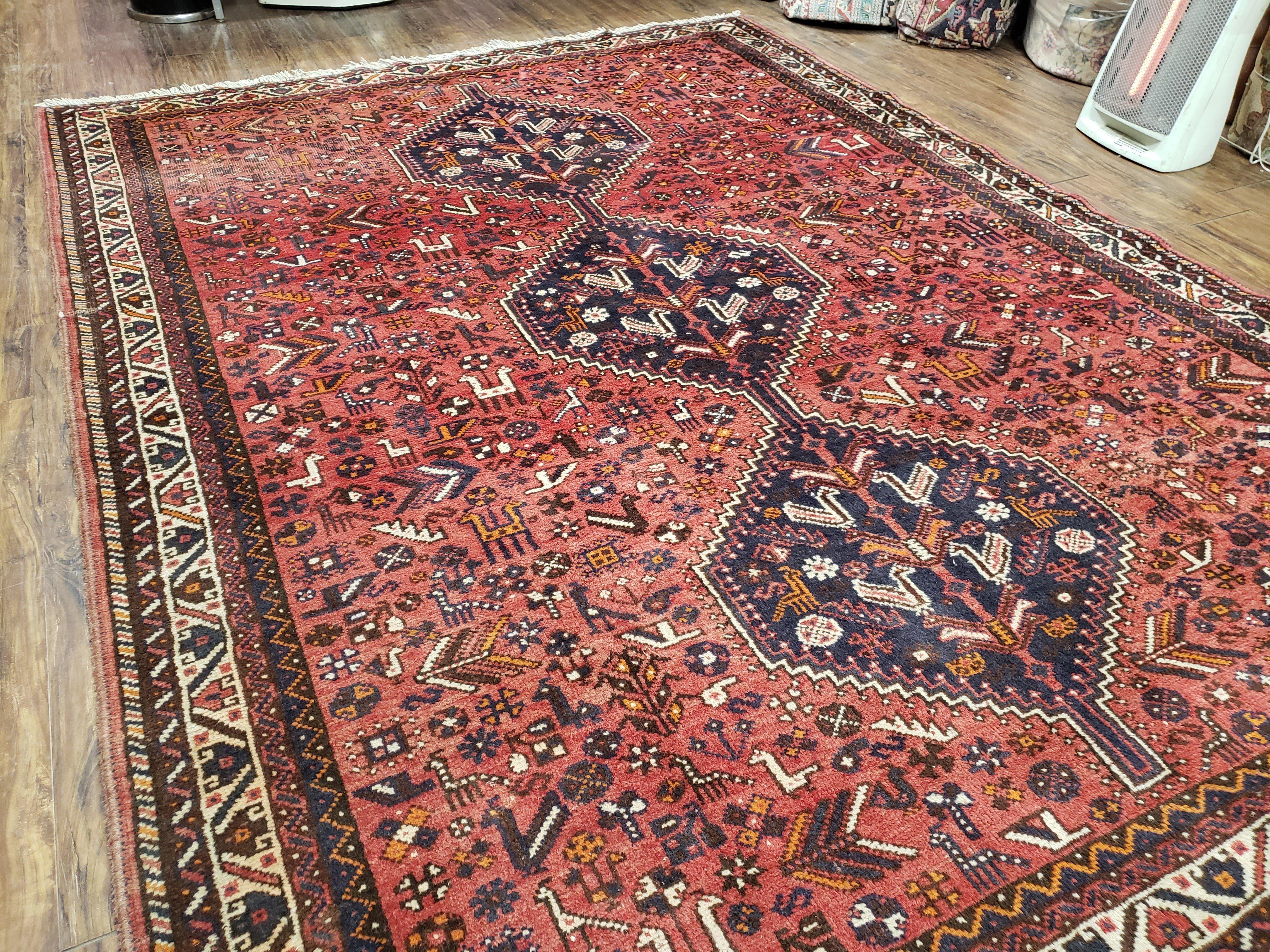 Semi Antique Persian Shiraz Rug, Red and Black, Hand-Knotted, Wool, 6'11" x 9'4" - Jewel Rugs