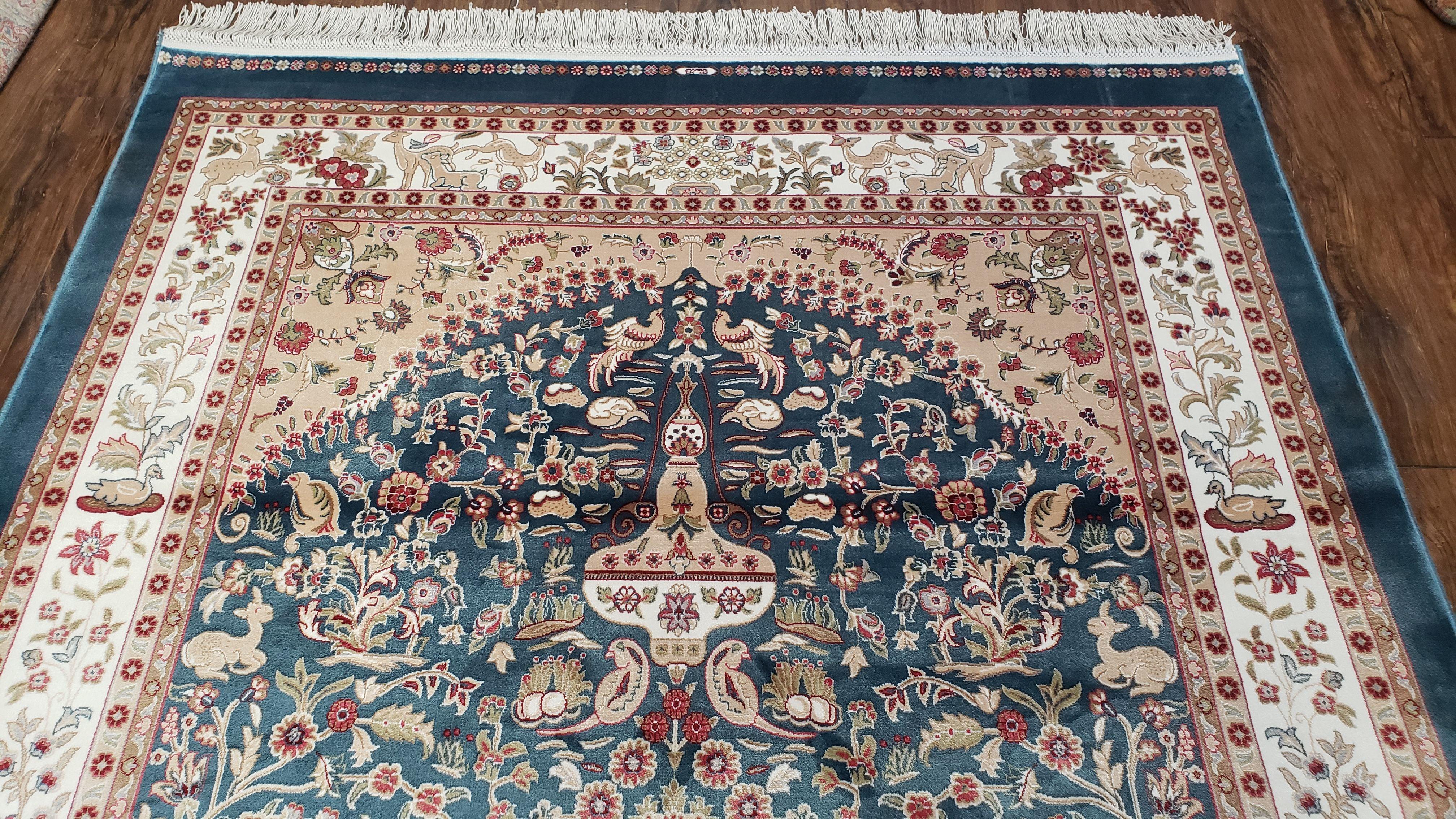 4 by 6 Silk Carpet, Royal Blue & Cream/Beige, Animal Motifs, Tree of Life Rug, Deer, Birds, Rabbits, Very Fine, Bamboo Silk Area Rug 4x6 - Jewel Rugs