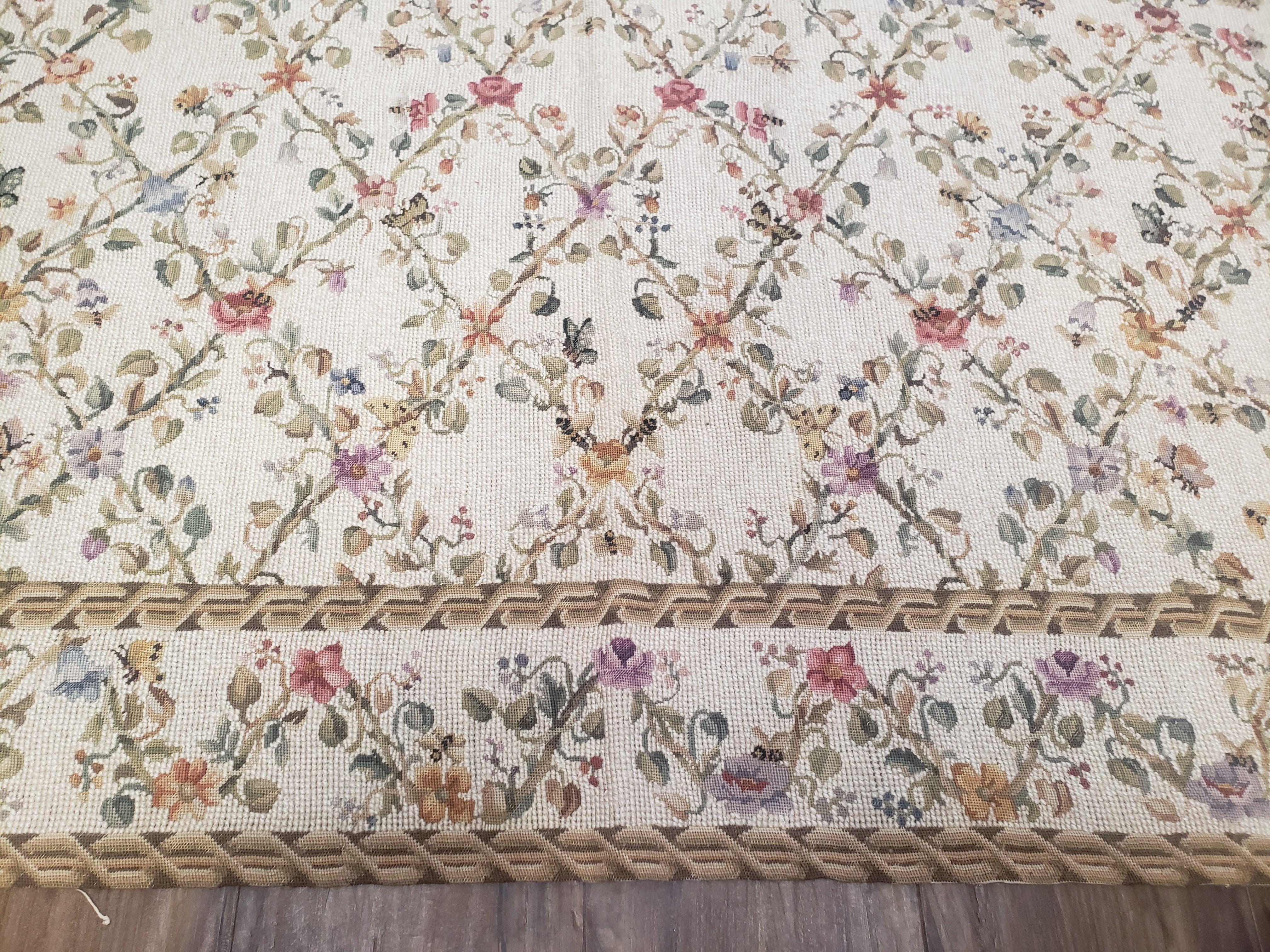 Vintage Petite Point Floral Area Rug 7.5 x 9.9, Chinese Aubusson Needlepoint Carpet 7x10, Wool Hand-Knotted Ivory Small Flowers Rug 8x10 - Jewel Rugs