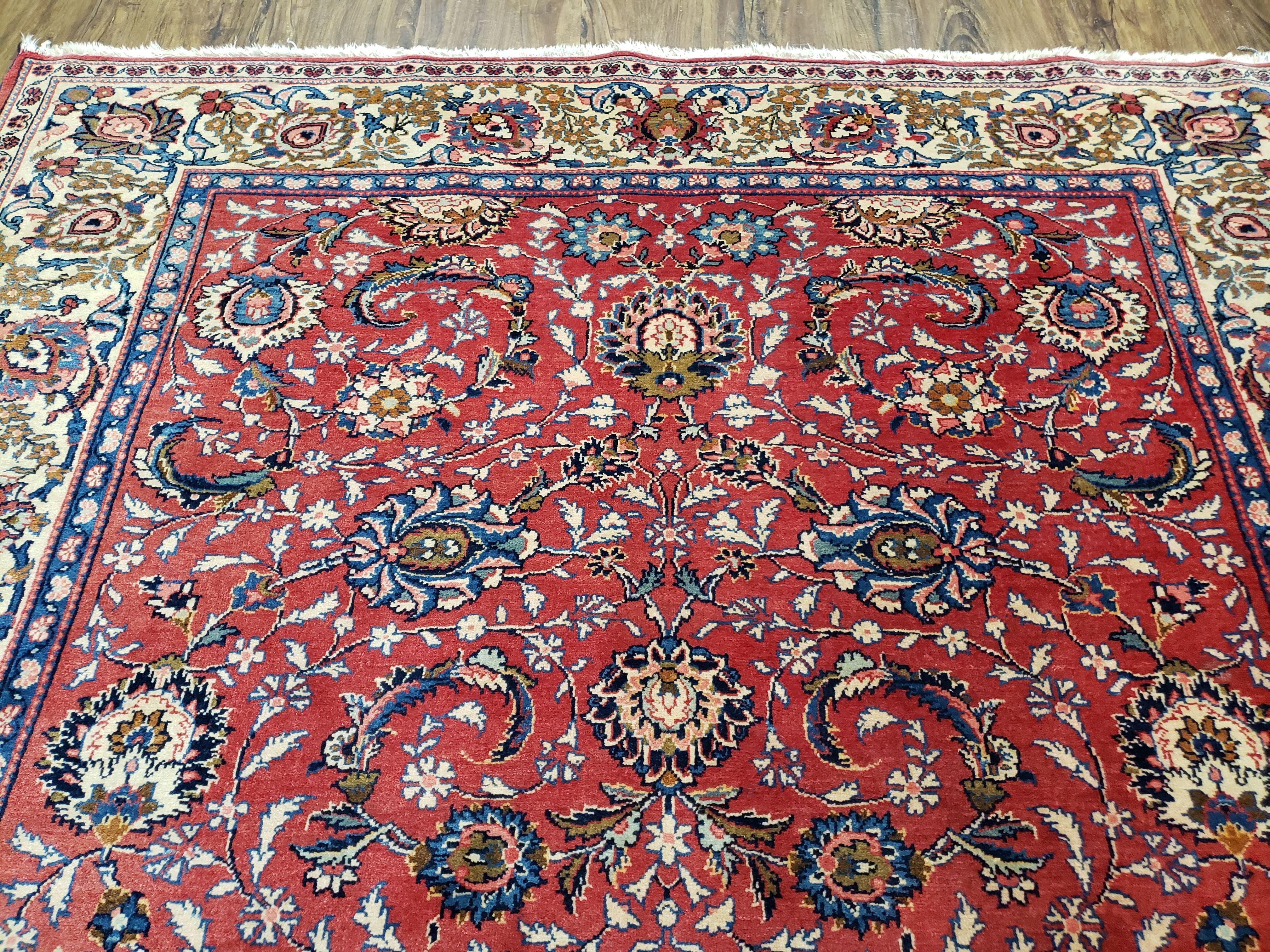 Semi Antique Persian Kashan, Red & Cream, Hand-Knotted, Wool, 4' 8" x 6' 6", Pair A - Jewel Rugs