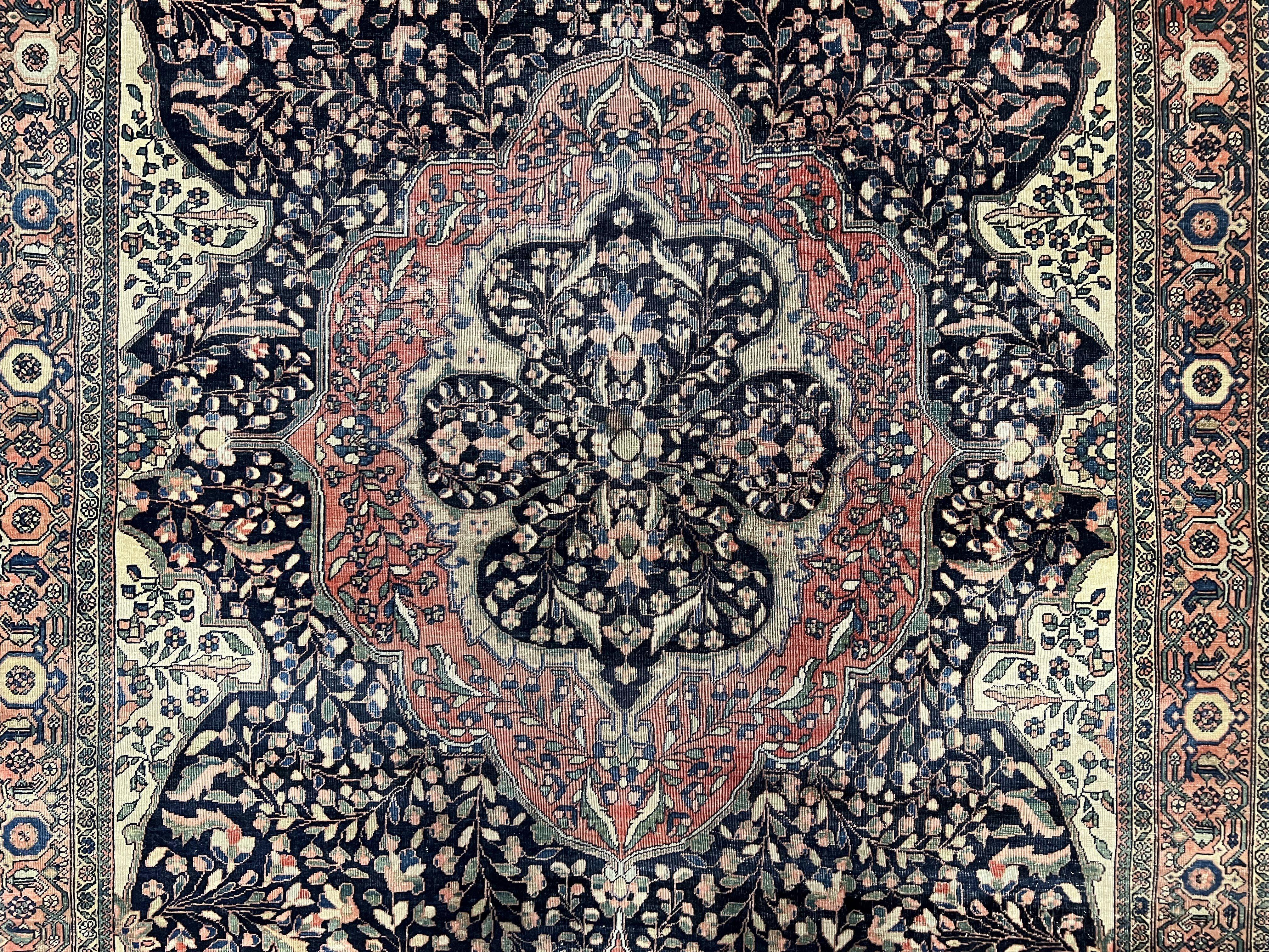 Antique Persian Sarouk Farahan Rug 4.4 x 6.7, Collectible Persian Carpet, Very Fine 1880s Late 19th Century Rug, Floral Medallion, Black Red Oriental Rug - Jewel Rugs