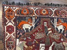 Antique Persian Shiraz Pictorial Rug 3.6 x 5, Persian Tribal Rug, Handmade, Lions, Highly Unique Collectible Small Persian Carpet, Maroon, Wool - Jewel Rugs