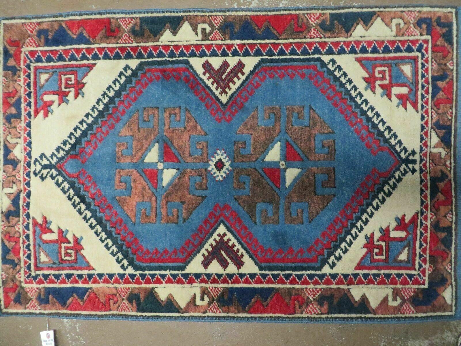 2' 6" X 4' Vintage Handmade Turkish Kazak Pattern Wool Rug Blue Beige and Red Accent Rug - Jewel Rugs