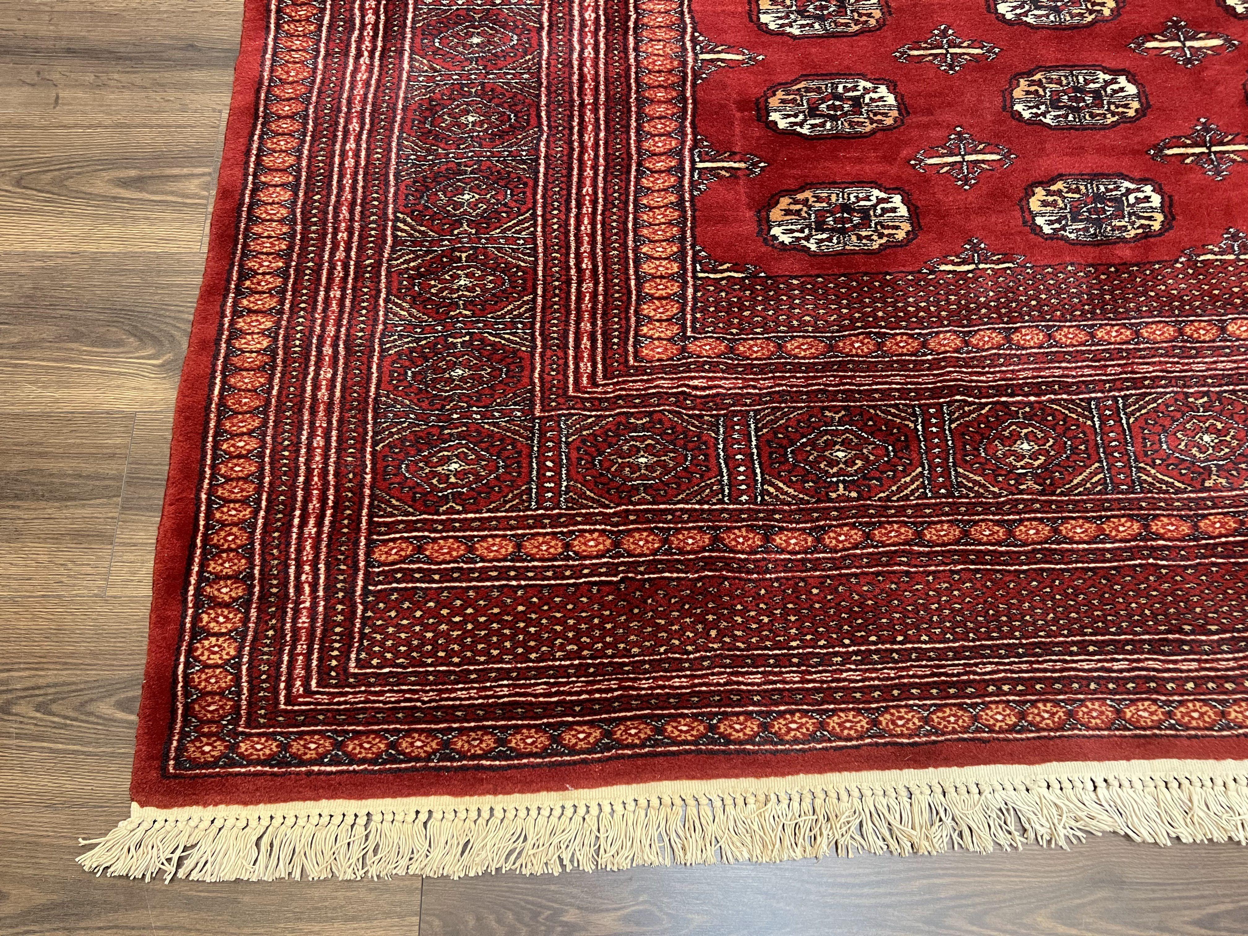 Turkoman Bukhara Rug 8x10, Vintage Bokhara Carpet 8 x 10, Red and Black, Hand Knotted Wool Area Rug, Pakistani Turkmen Rug, Living Room Rug - Jewel Rugs