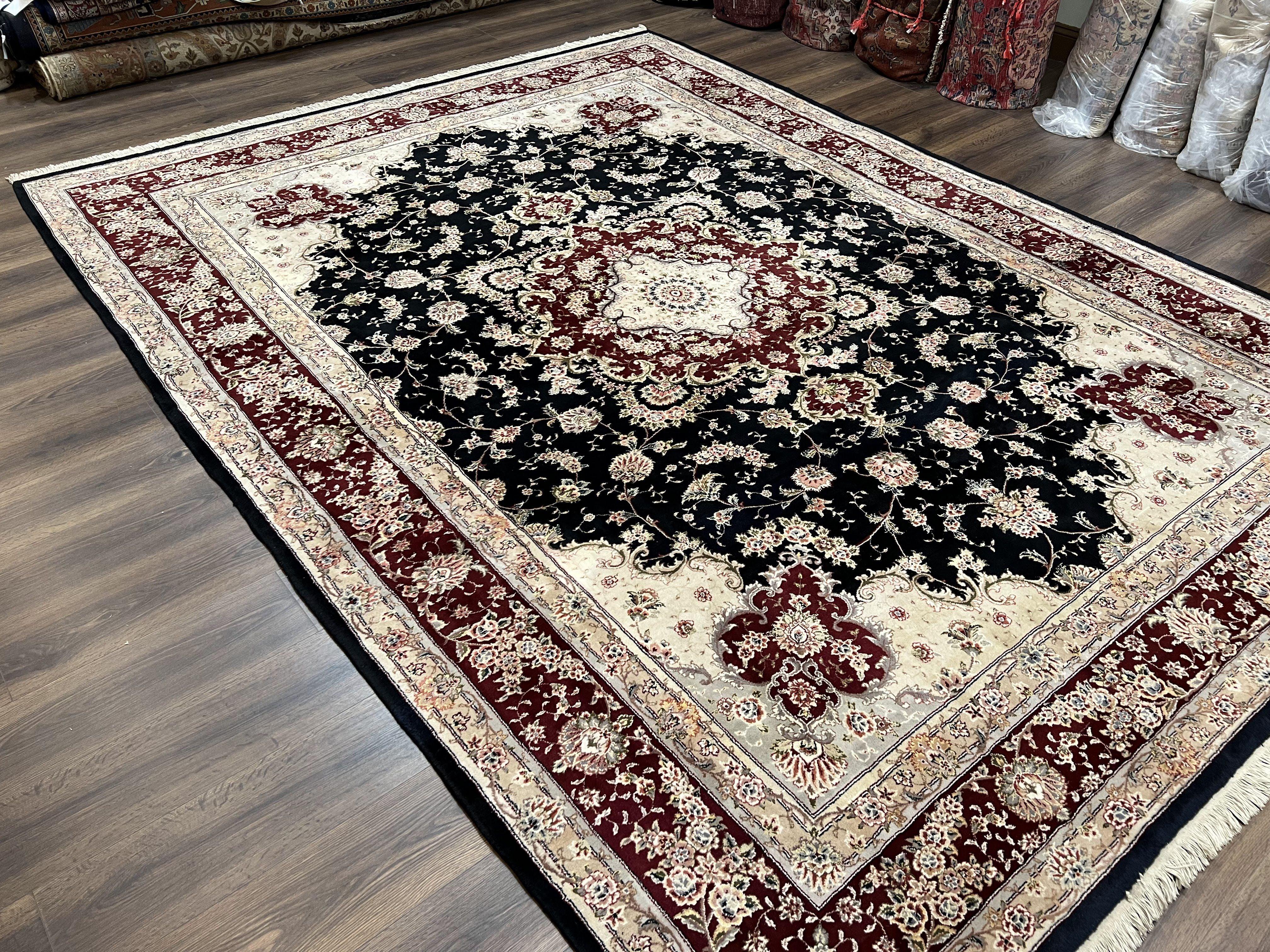 Pak Persian Rug 8.8 x 10.6, Floral Medallion, Wool and Silk Hand Knotted Fine Oriental Carpet, Elegant Rug, Black Gray Burgundy, Room Sized - Jewel Rugs