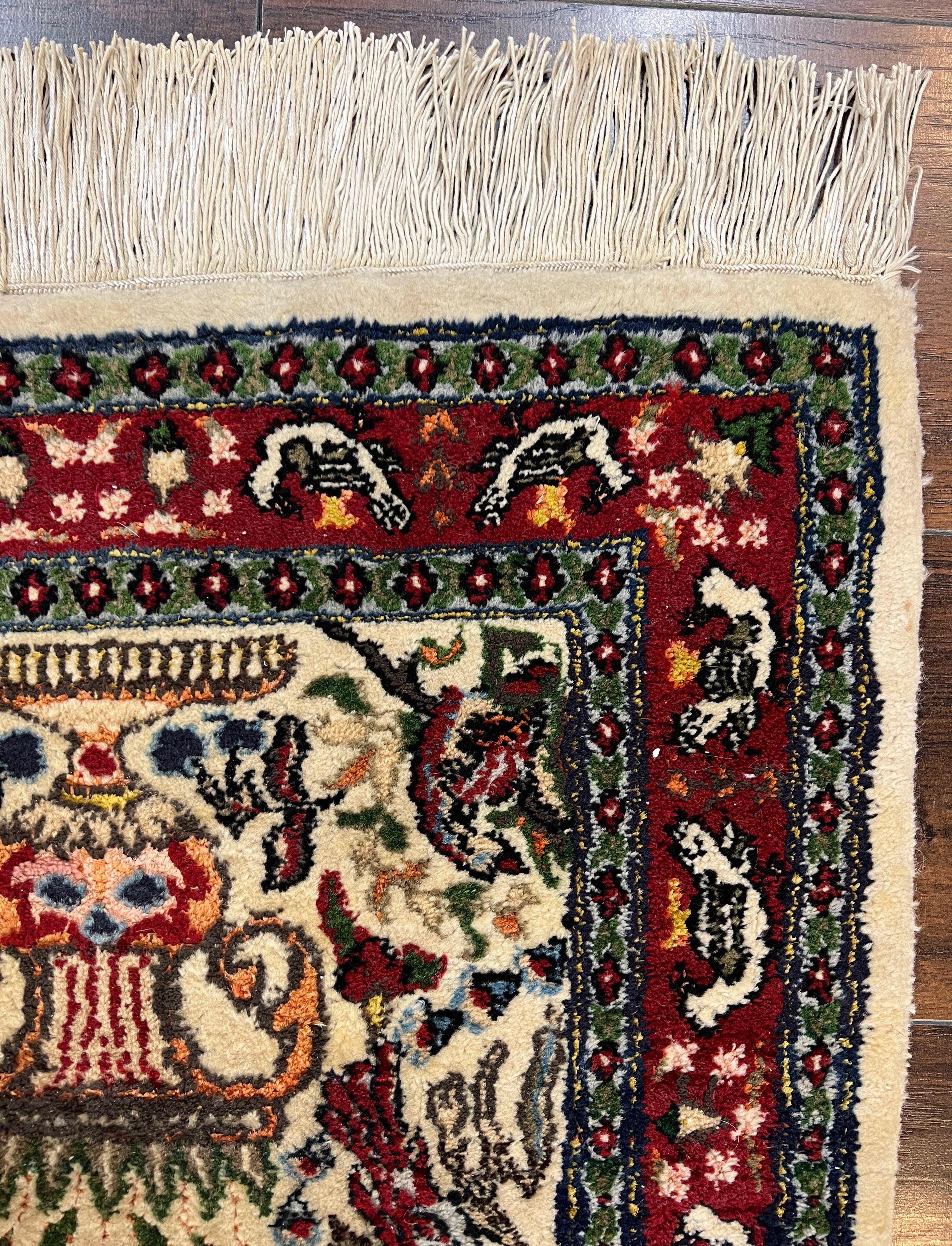 Small Indo Persian Rug 2x3 ft, Wool with Silk Highlights, Animal Pictorial Motifs Birds Vase Flowers, Cream and Maroon, Hand Knotted Fine - Jewel Rugs