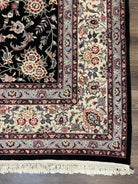 Pak Persian Rug 9x12, Floral Allover, Hand Knotted Oriental Carpet 9 x 12 ft, Black and Cream, Detailed, Wool with Silk Highlights, Vintage - Jewel Rugs