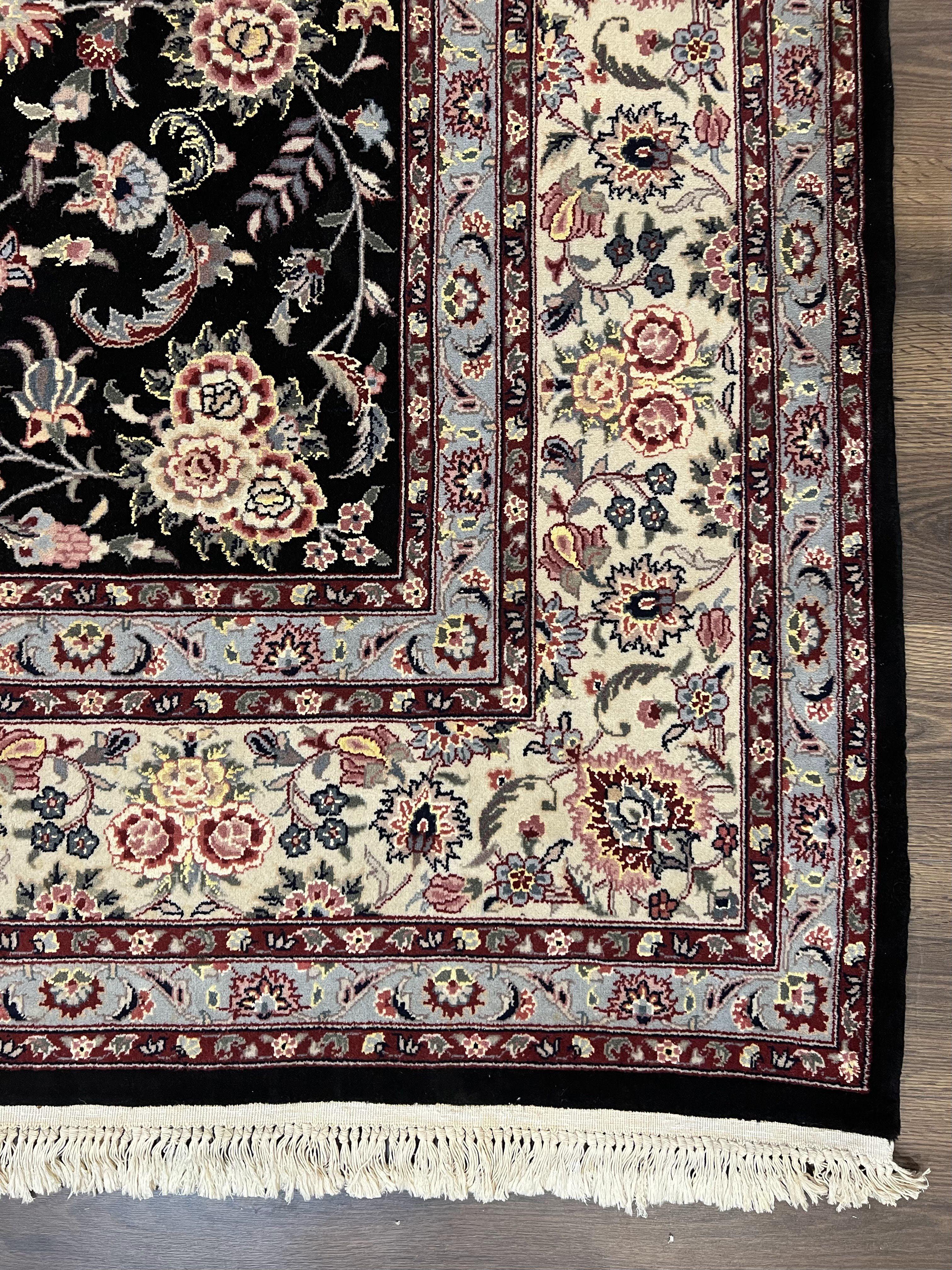 Pak Persian Rug 9x12, Floral Allover, Hand Knotted Oriental Carpet 9 x 12 ft, Black and Cream, Detailed, Wool with Silk Highlights, Vintage - Jewel Rugs