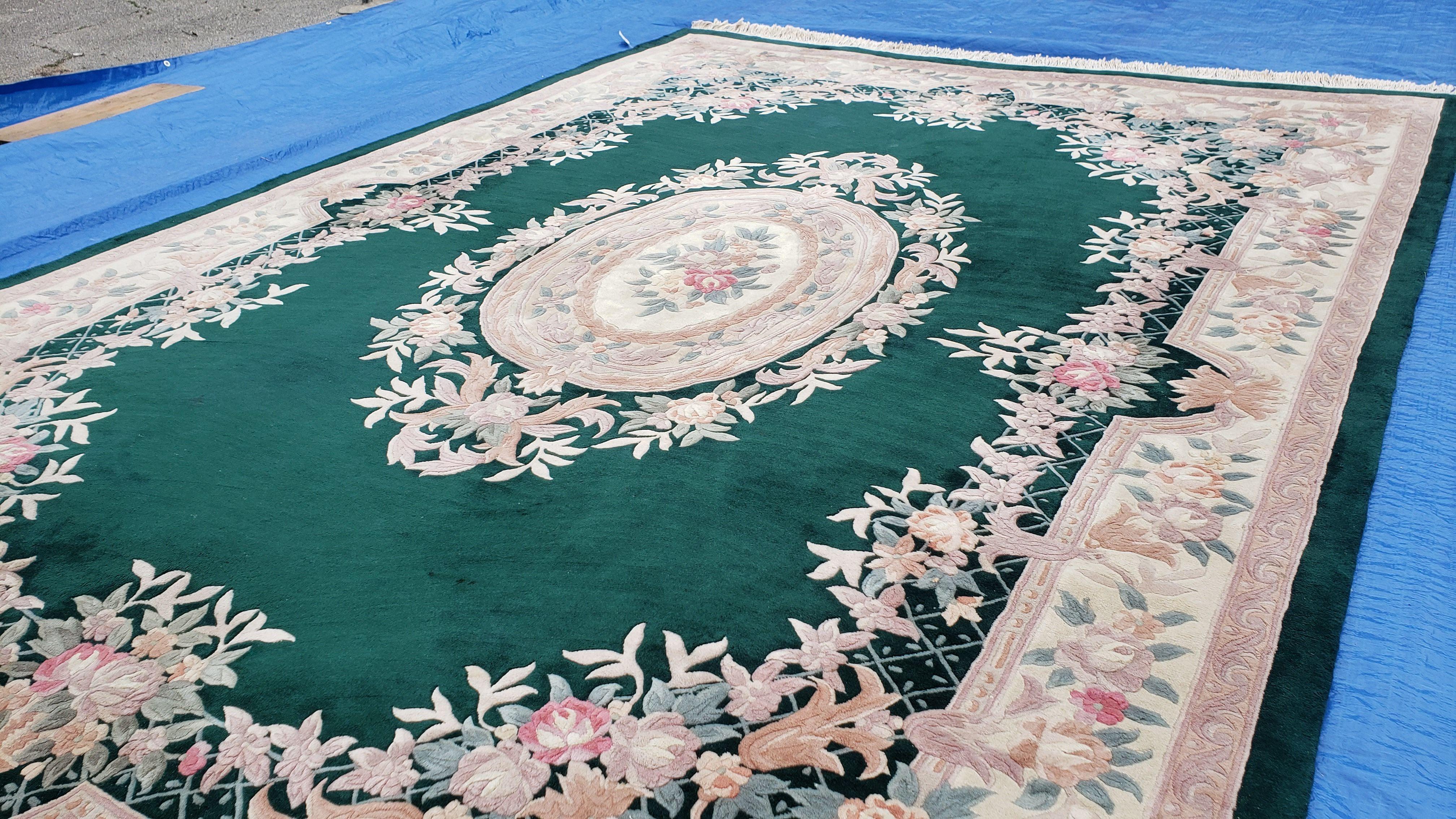 Vintage Chinese Carpet 10x14, Pine Green & Ivory, Chinese Carving 90 Line Area Rug, Soft Plush Wool Pile, Aubusson Design, Hand Knotted - Jewel Rugs