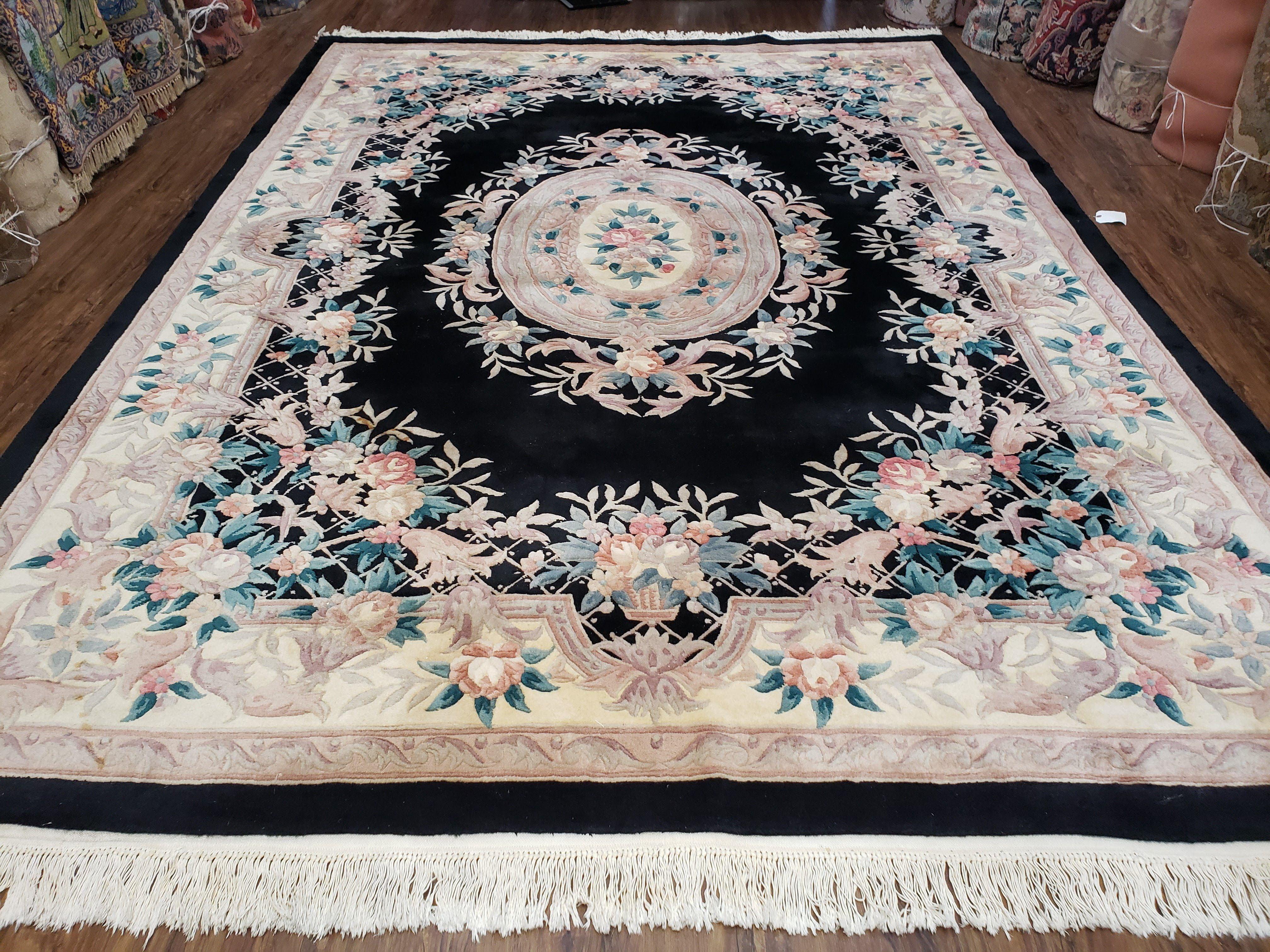 Vintage Chinese Carving Rug, Piled Aubusson Style Area Rug, 8x11 - 9x12 Area Rugs, Wool Hand-Knotted Black Deco Carpet Plush Living Room Rug - Jewel Rugs