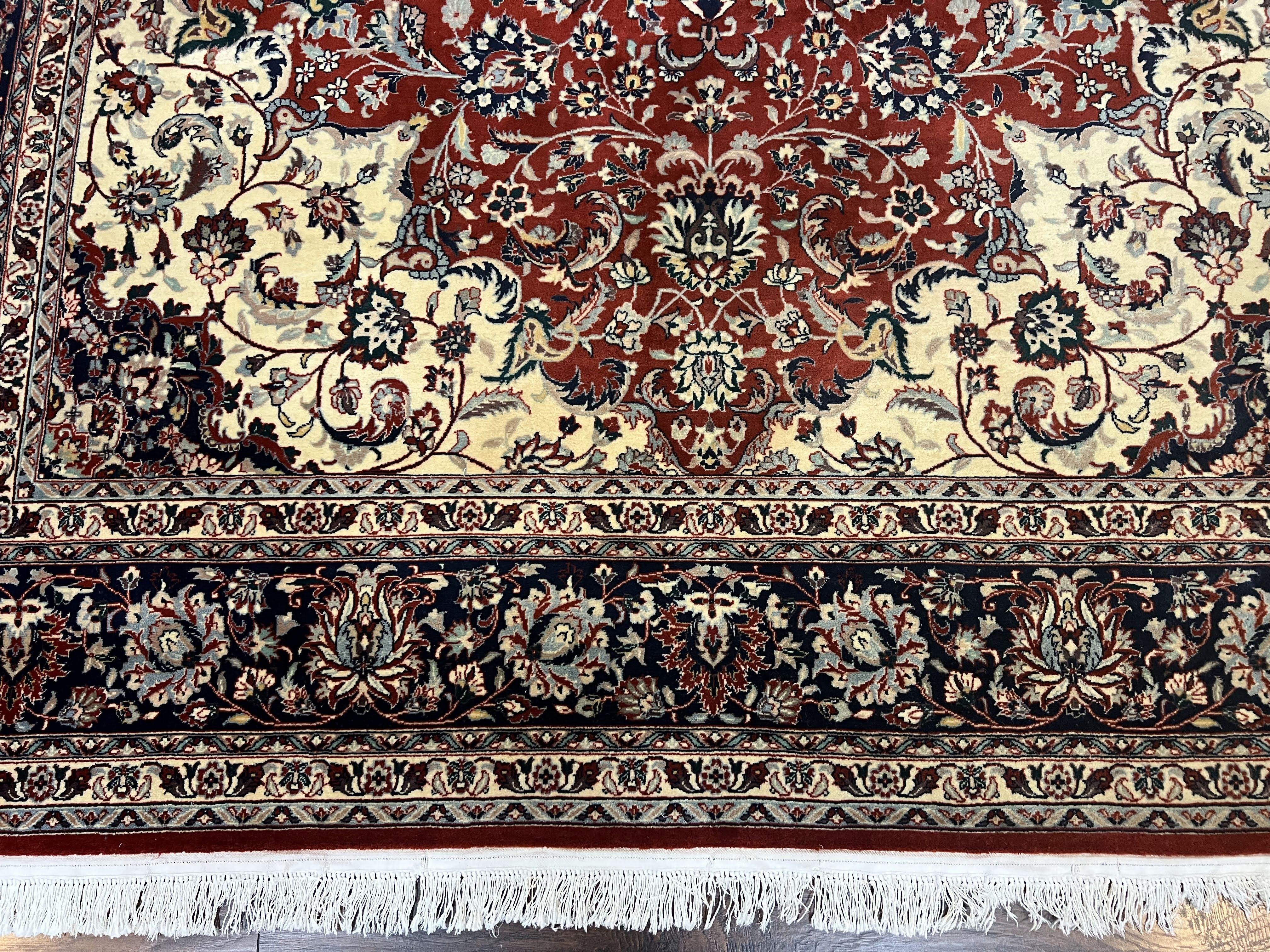 Fine Sino Persian Rug 7x10 ft, Floral Central Medallion Oriental Carpet, Red Navy Blue Cream, Hand Knotted Wool Traditional Vintage Rug - Jewel Rugs