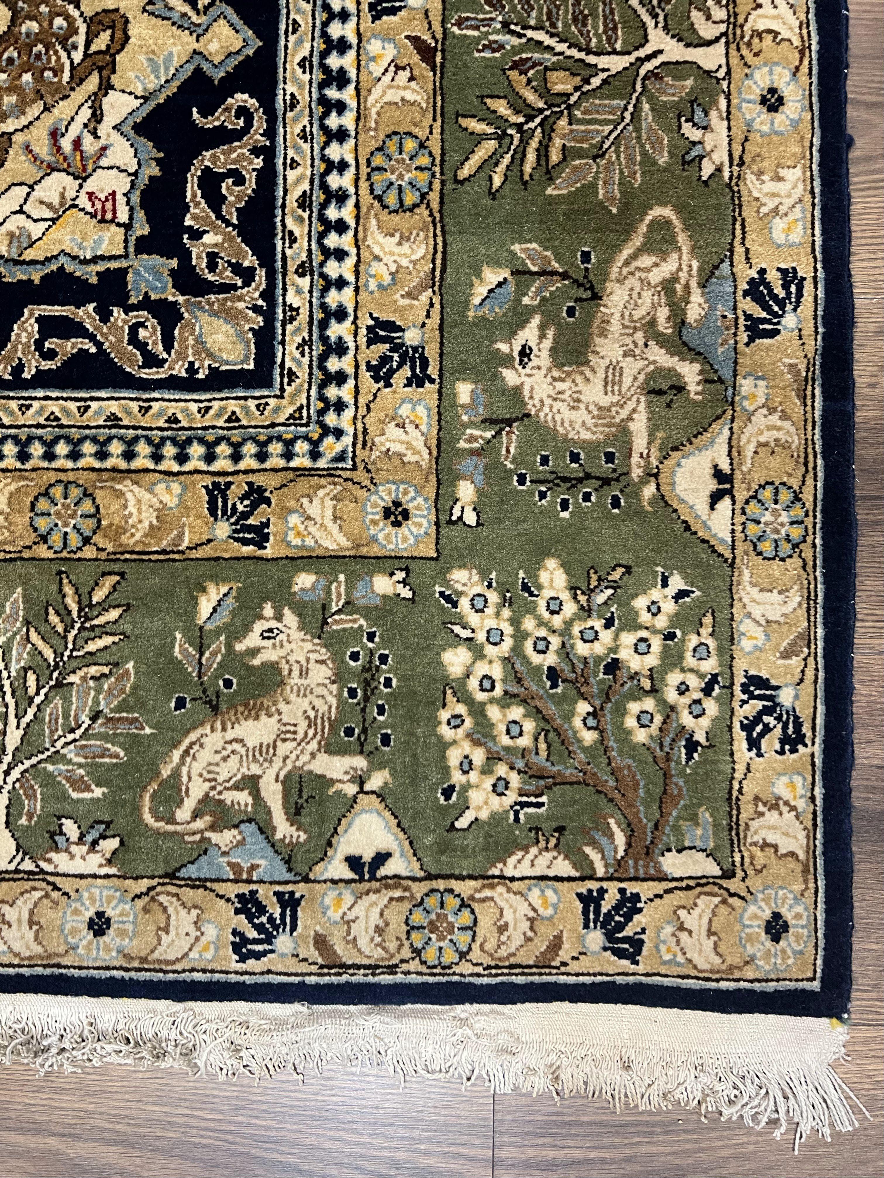 Wonderful Persian Qum Rug 6x9, Animal Pictorials, Tree of Life, Deer Birds, Hand Knotted Oriental Ghom Carpet, Semi Antique Vintage, Navy Blue Green - Jewel Rugs