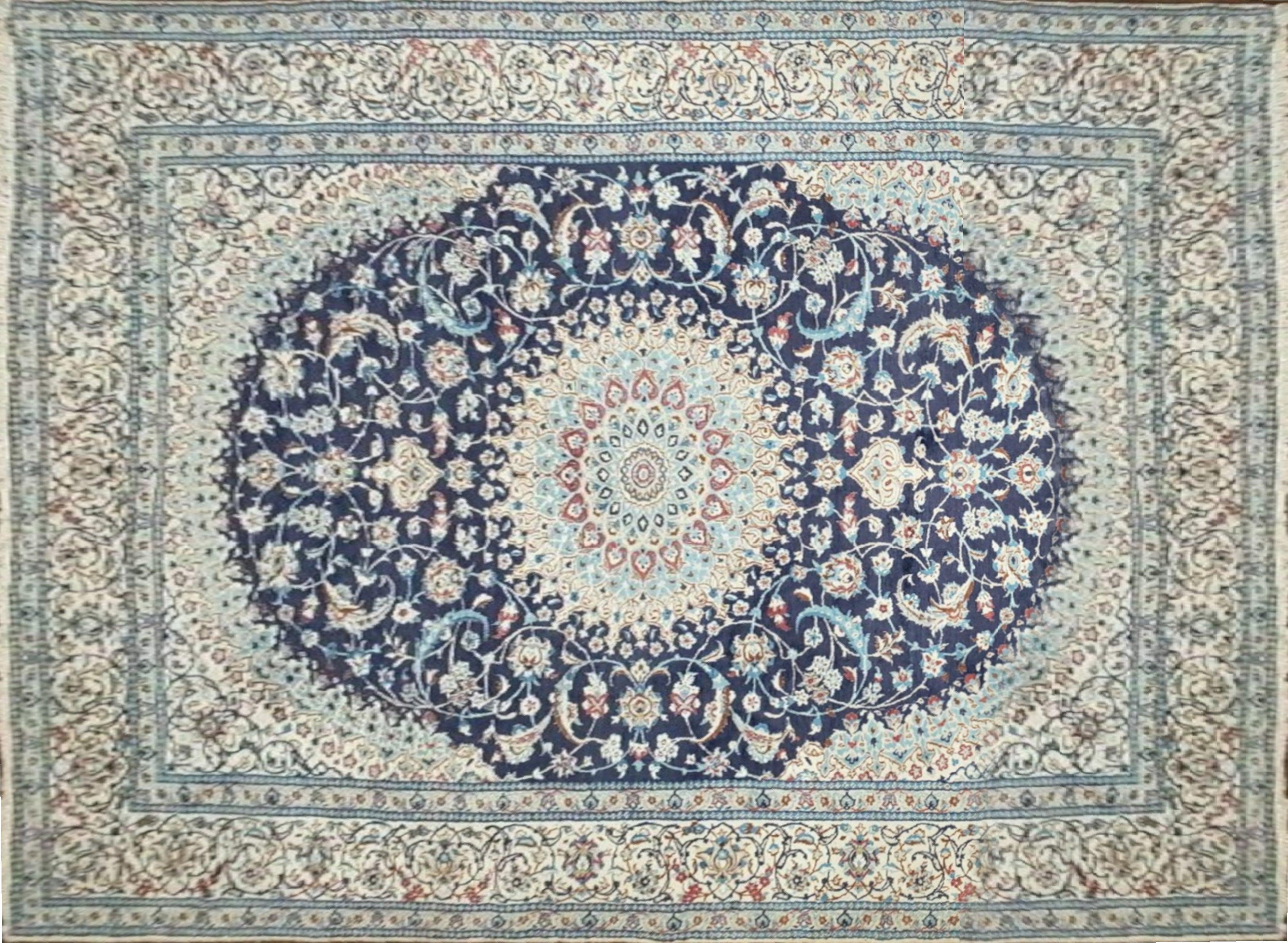 8' X 12' Finely Woven Handmade Persian Nain Oriental Floral Wool Area Rug - Ivory and Blue Carpet - Jewel Rugs