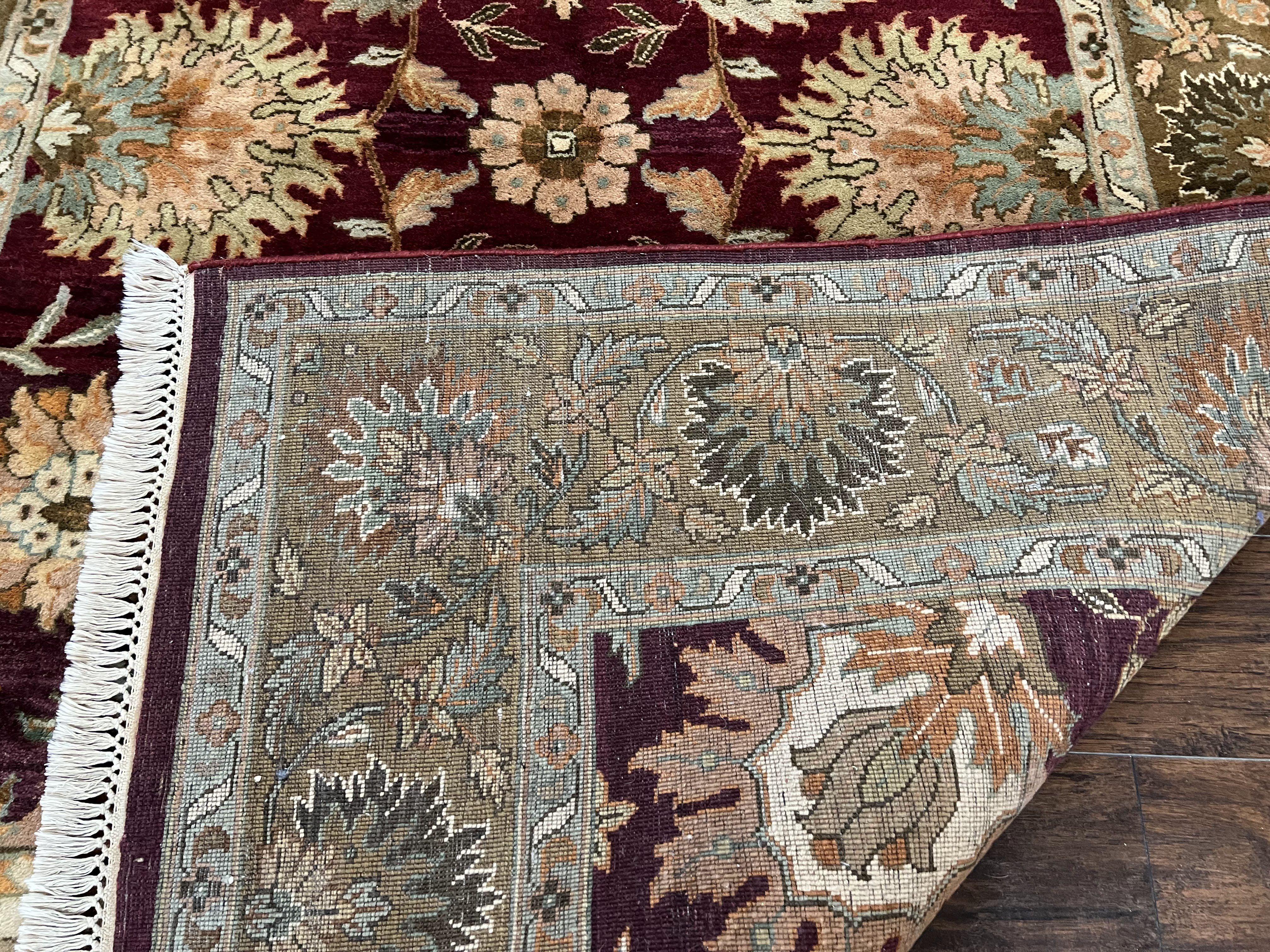 Indo Mahal Rug 6x9, Large Flowers Allover, Maroon and Green, Handmade Wool Area Rug, Vintage Rug, Indian Oriental Carpet, Hand Knotted Rug - Jewel Rugs