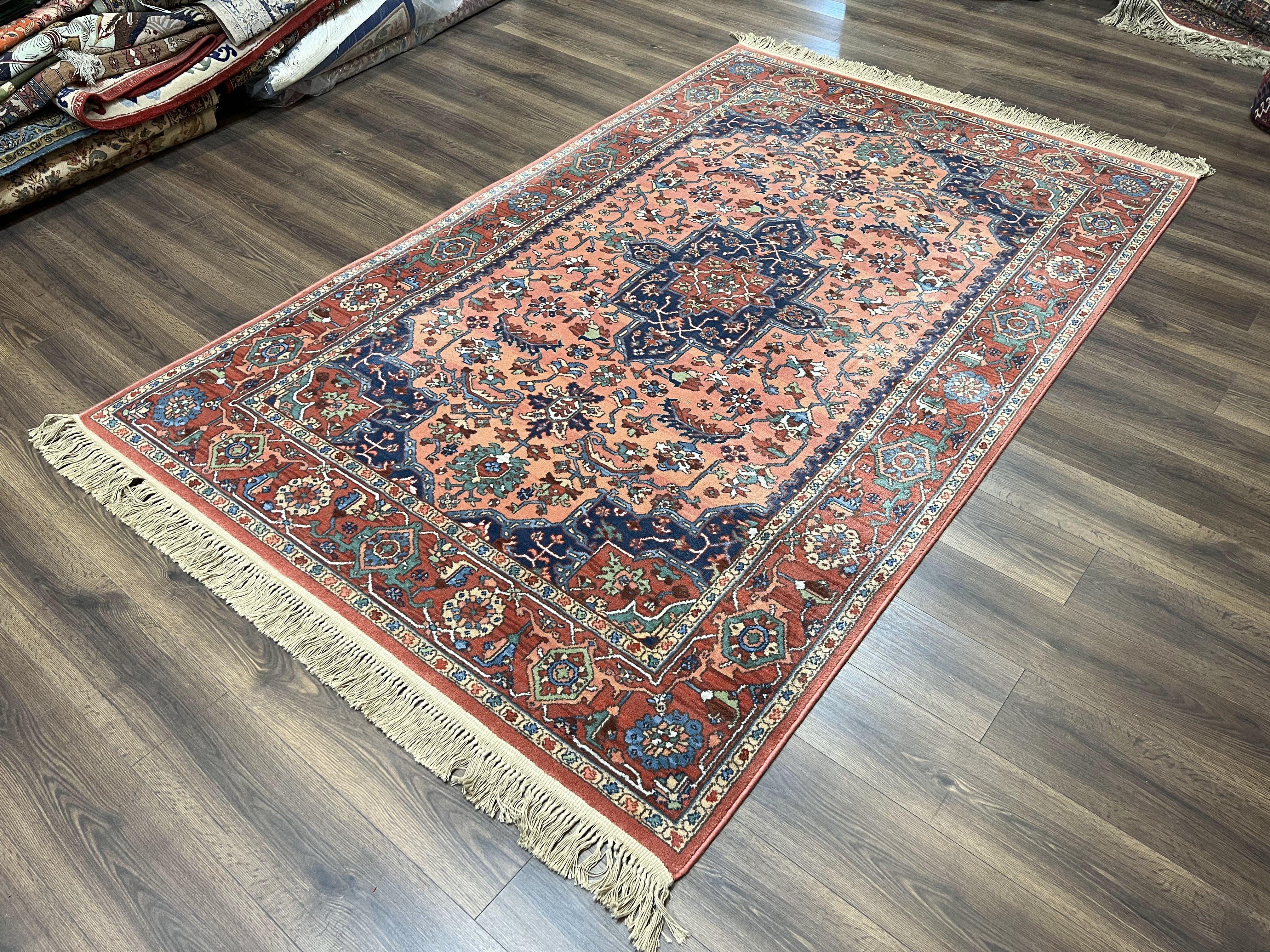 Karastan Medallion Serapi Rug #736, Wool Karastan Carpet 5.9 x 9, Discontinued Original 700 Series Karastan Area Rug 6x9 Vintage, Red Blue - Jewel Rugs