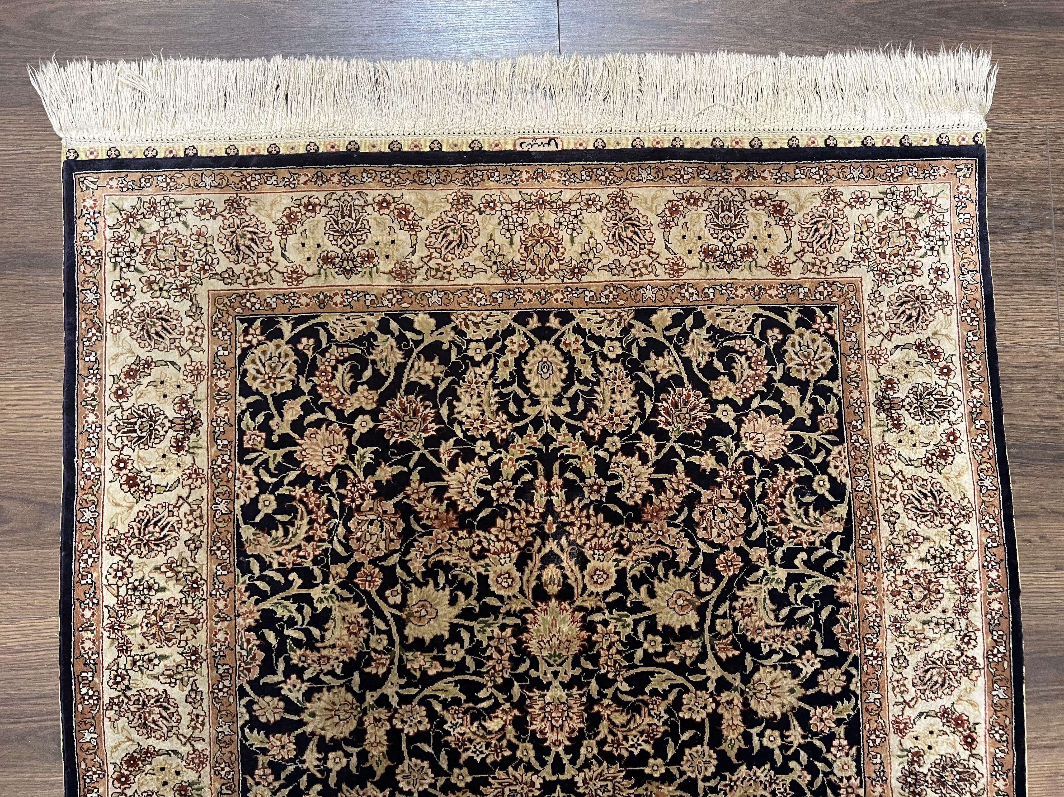 Silk Turkish Hereke Rug 2.5 x 4, Silk on Silk, Super Fine Black and Cream Floral Oriental Carpet, Signature Master Weaver, Handmade Vintage - Jewel Rugs