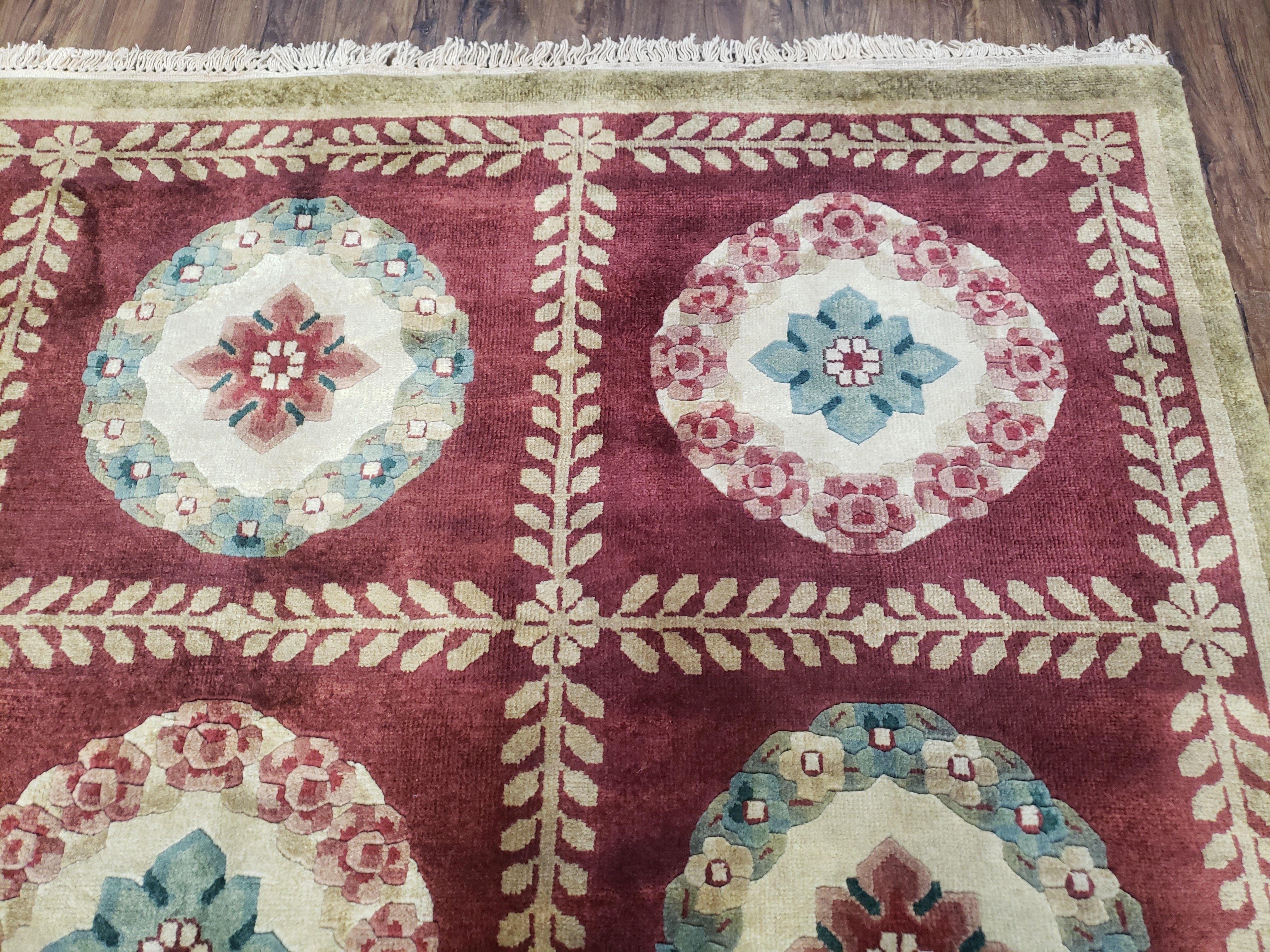 Nepalese Aubusson Panel Rug 6x9, Red & Ivory Soft Plush Tibetan Pile Rug, Wool Hand-Knotted Carpet, 6 x 9 Elegant Area Rug, Office Room Rug - Jewel Rugs