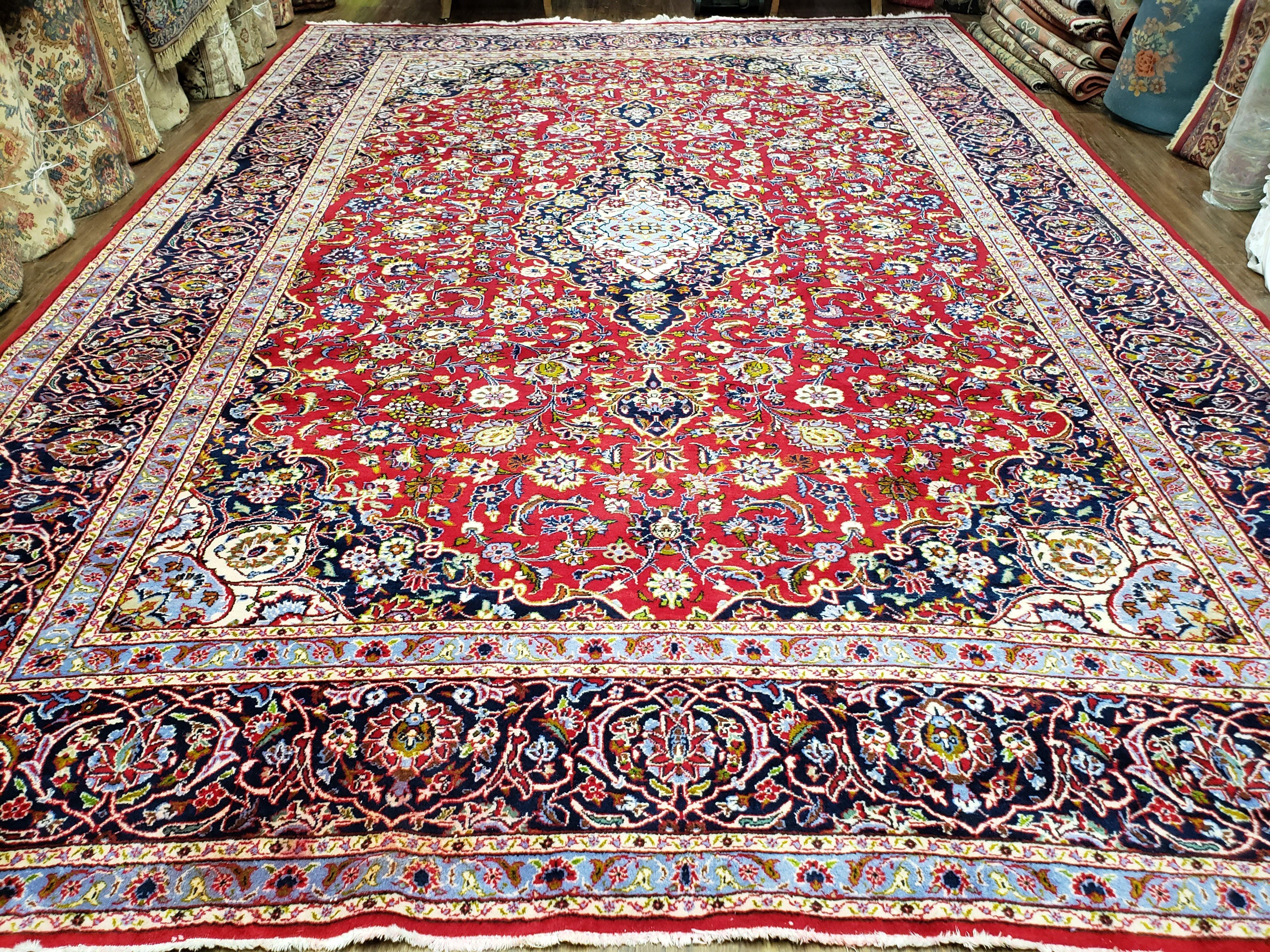 Persian Kashan Rug 10x14 Oriental Carpet 10 x 14, Floral Medallion, Authentic Hand Knotted Rug, Red Blue, High Quality, Vintage Antique Rug, - Jewel Rugs