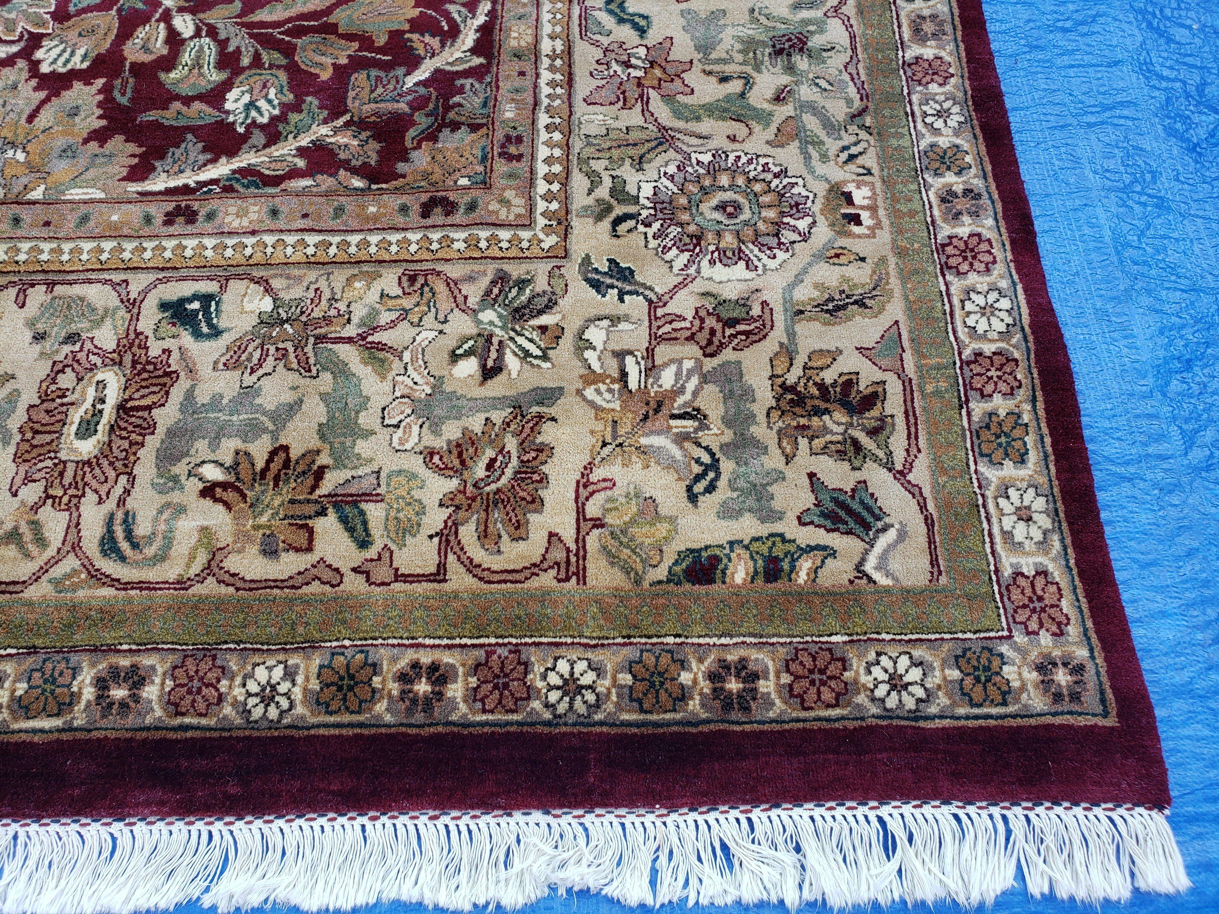 12x15 Indian Agra Rug, Handmade Palace Sized Carpet, X Large Hand Knotted Rug, Allover Pattern Large Flowers, Maroon and Beige, Wool Vintage - Jewel Rugs