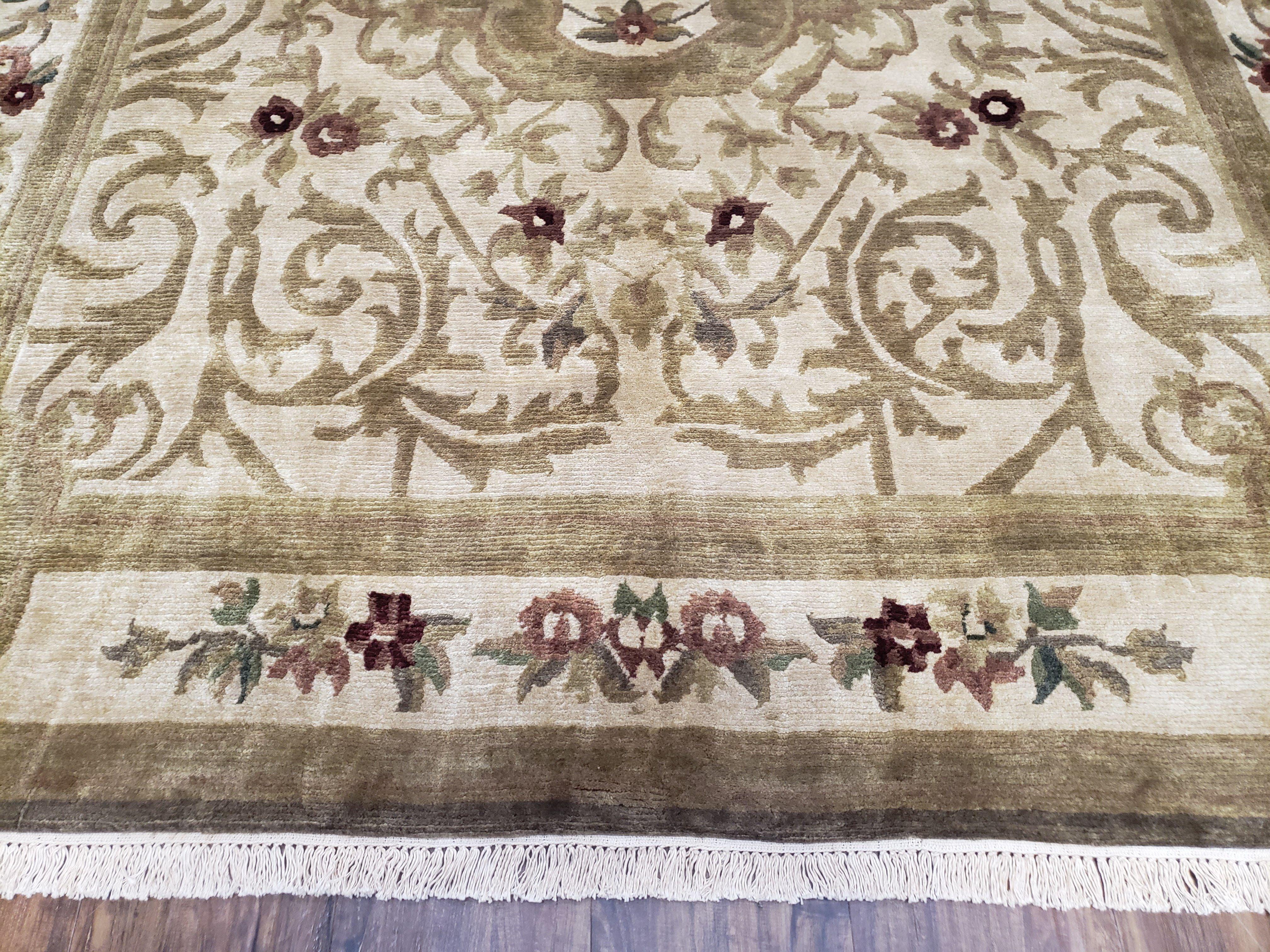 Vintage Nepali Tibetan Aubusson Rug 6x9, Wool Hand-Knotted Cream Beige Carpet, Leaves & Floral Pattern 6 x 9 Soft Area Rug Home Office Rug - Jewel Rugs