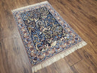 Semi Antique Persian Isfahan Rug, Hand-Knotted, Tree of Life Pattern with Animal Motifs, Dark Blue and Taupe, Kork Wool on Silk Foundation, 2'4" x 3'5" - Jewel Rugs