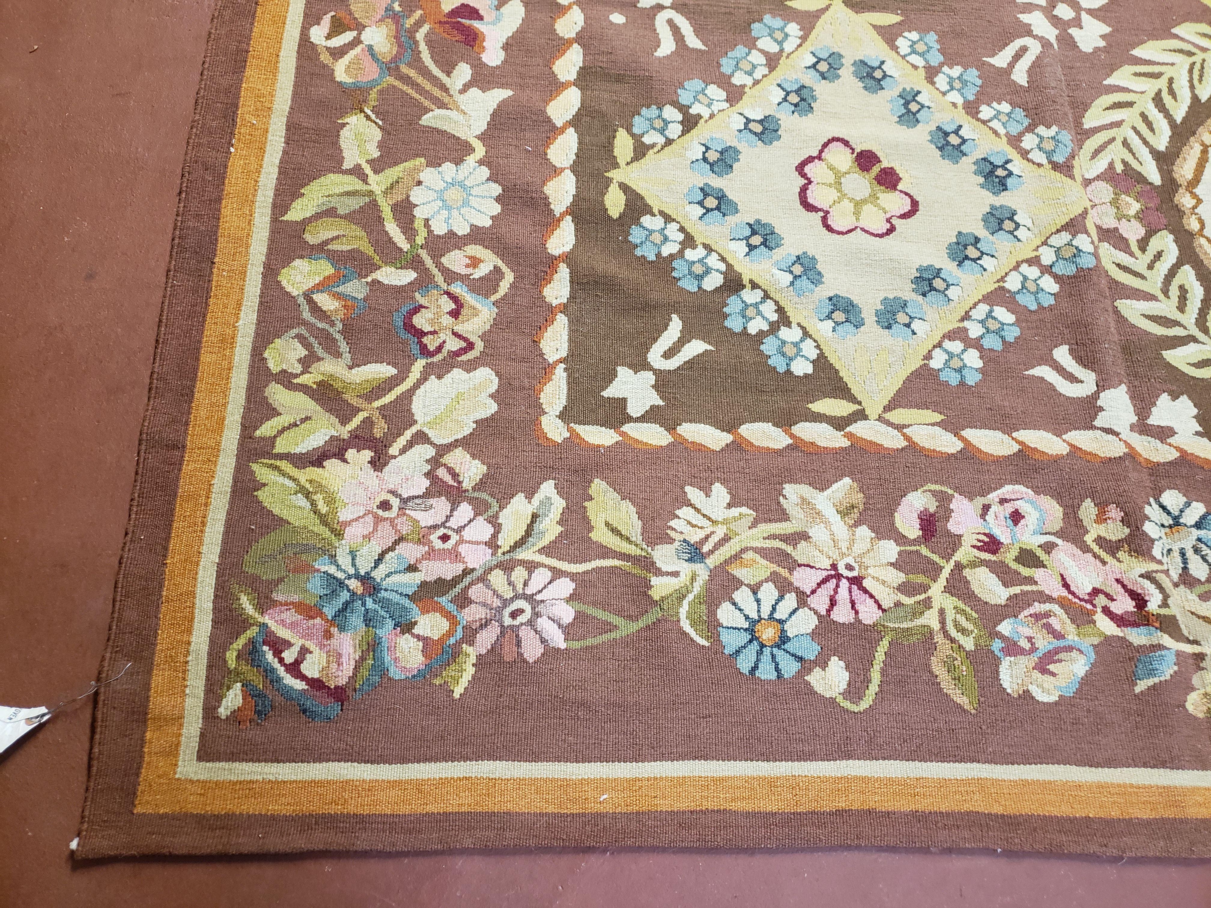 Aubusson Rug 6 x 9 Flat Weave Area Carpet European Design Flowers New Brown Rug Handmade Wool Hand-Knotted Aubusson Weave Medium Rug 6x9 - Jewel Rugs