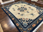 Chinese Peking Rug 9x12, Large Asian Oriental Carpet, Semi Antique Vintage Cream and Navy Blue Hand Knotted Wool Chinese Area Rug 9 x 12 ft - Jewel Rugs