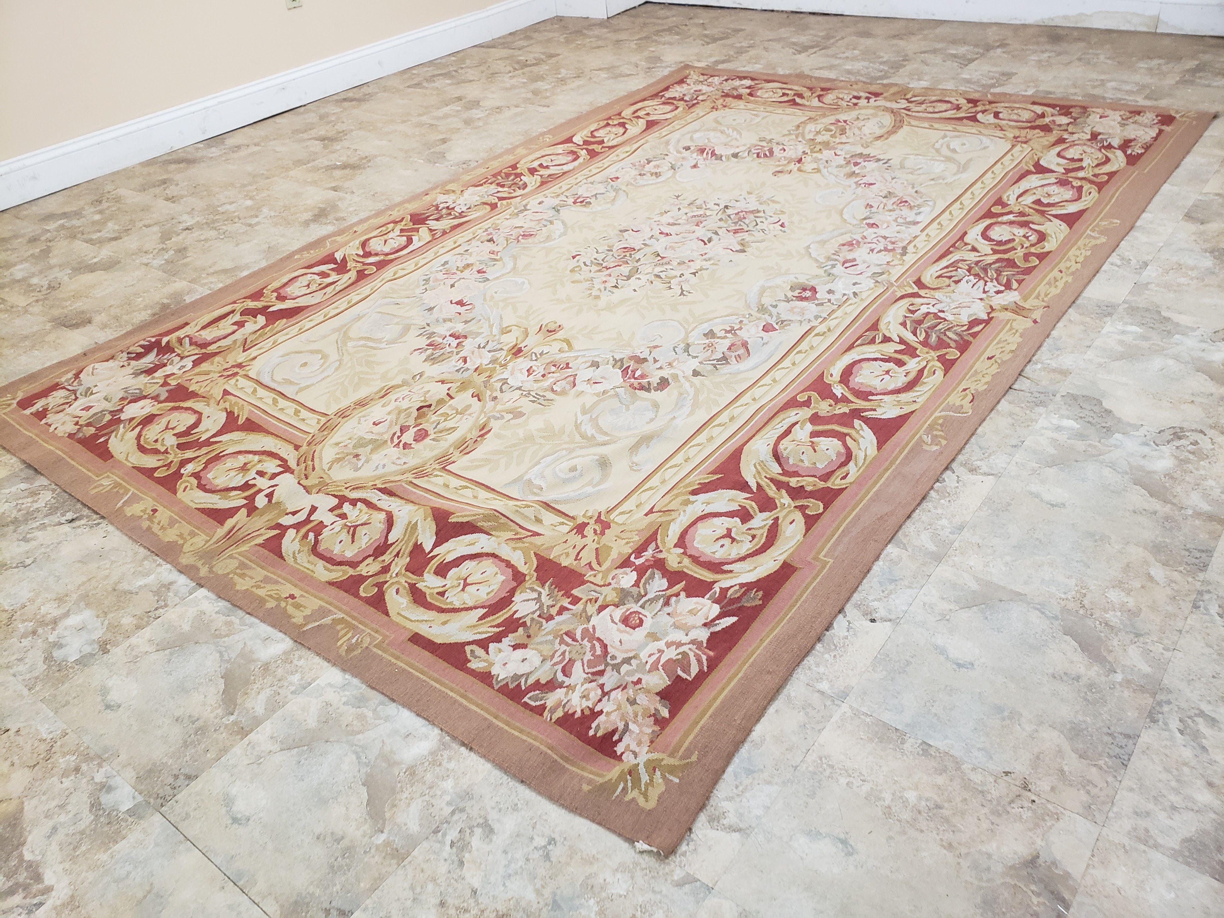 Aubusson Rug 6x9, Elegant Flatweave Rug, Aubusson Savonnerie 6 x 9 Flatweave Area Rug, Cream and Red, Wool Hand Woven Carpet, Medium Size - Jewel Rugs