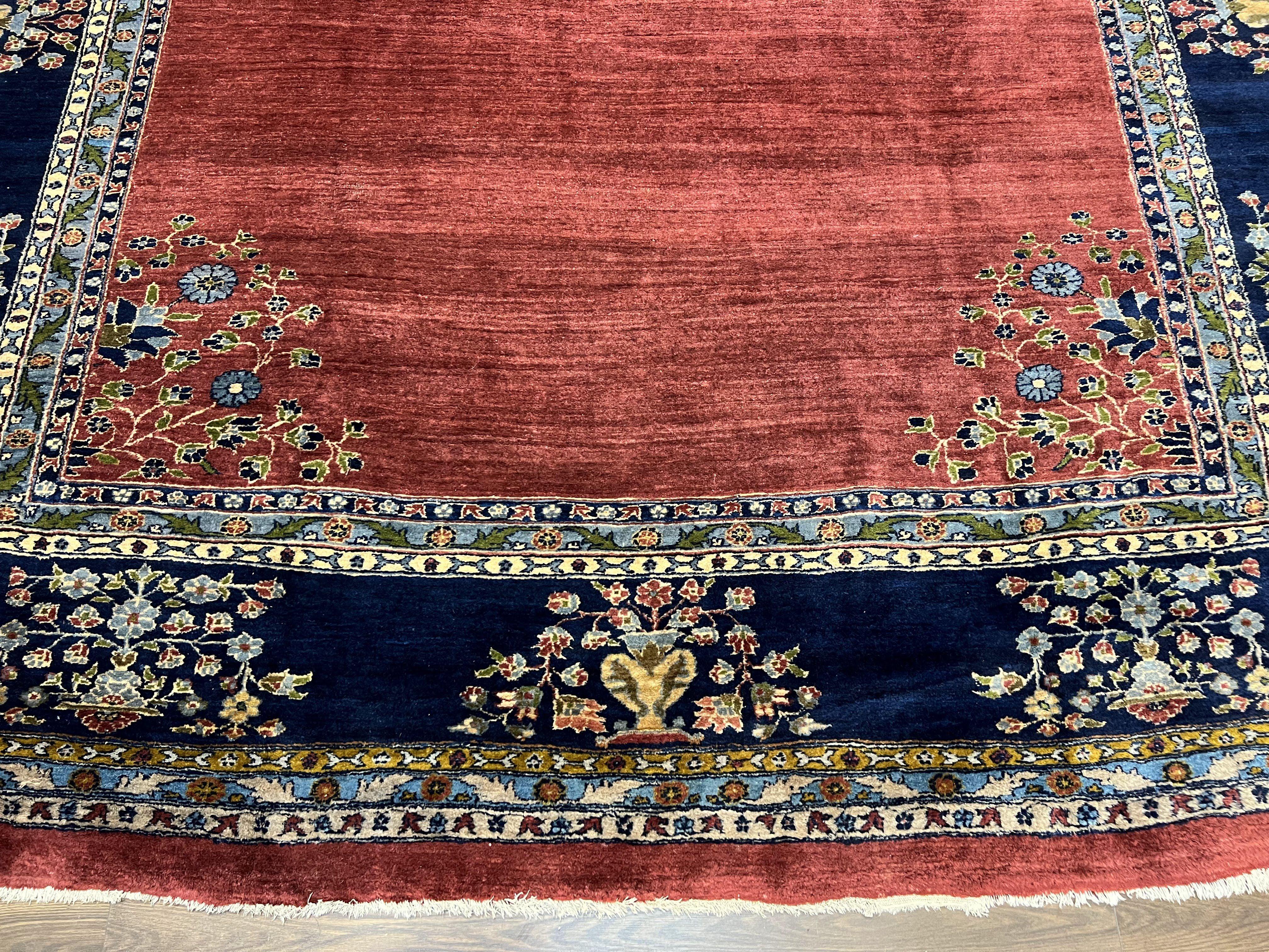 Large Persian Sarouk Rug 10x17, Open Field, Red and Navy Blue, Palace Sized Oversized Hand Knotted Wool Oriental Carpet Flowers Vases Antique 1920s - Jewel Rugs