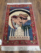 Vintage Small Pictorial Lovers Rug 2.5 x 4, Taj Mahal Indo Persian Rug, Wool Hand-Knotted Indian Rug, King & Queen, Layla and Majnun - Jewel Rugs