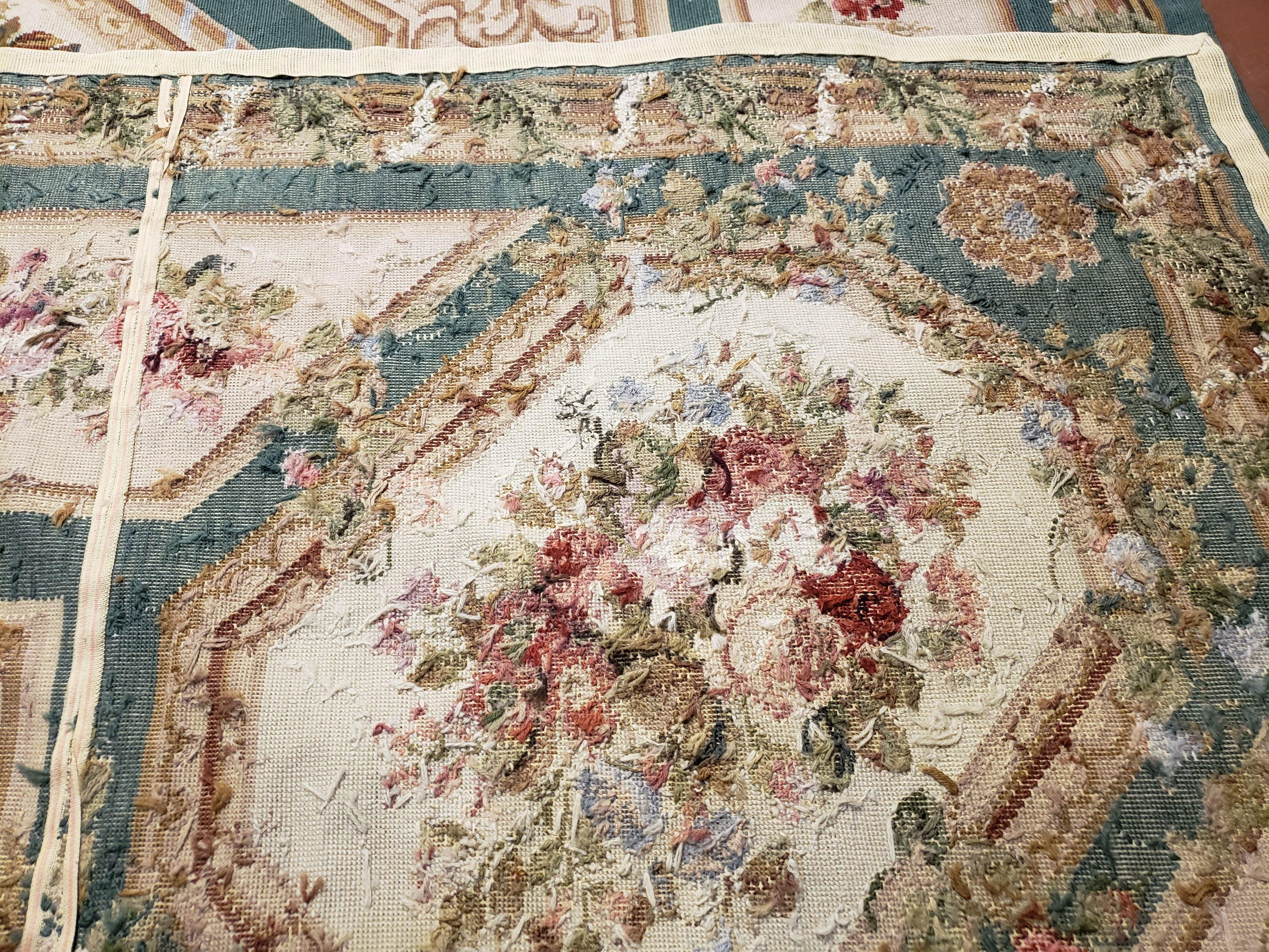 9x12 Needlepoint Rug Flatweave Carpet Aubusson Rug One-of-a-Kind Hand-Knotted Wool Rug Living Room Rug Vintage Floral Pattern Green & Beige - Jewel Rugs