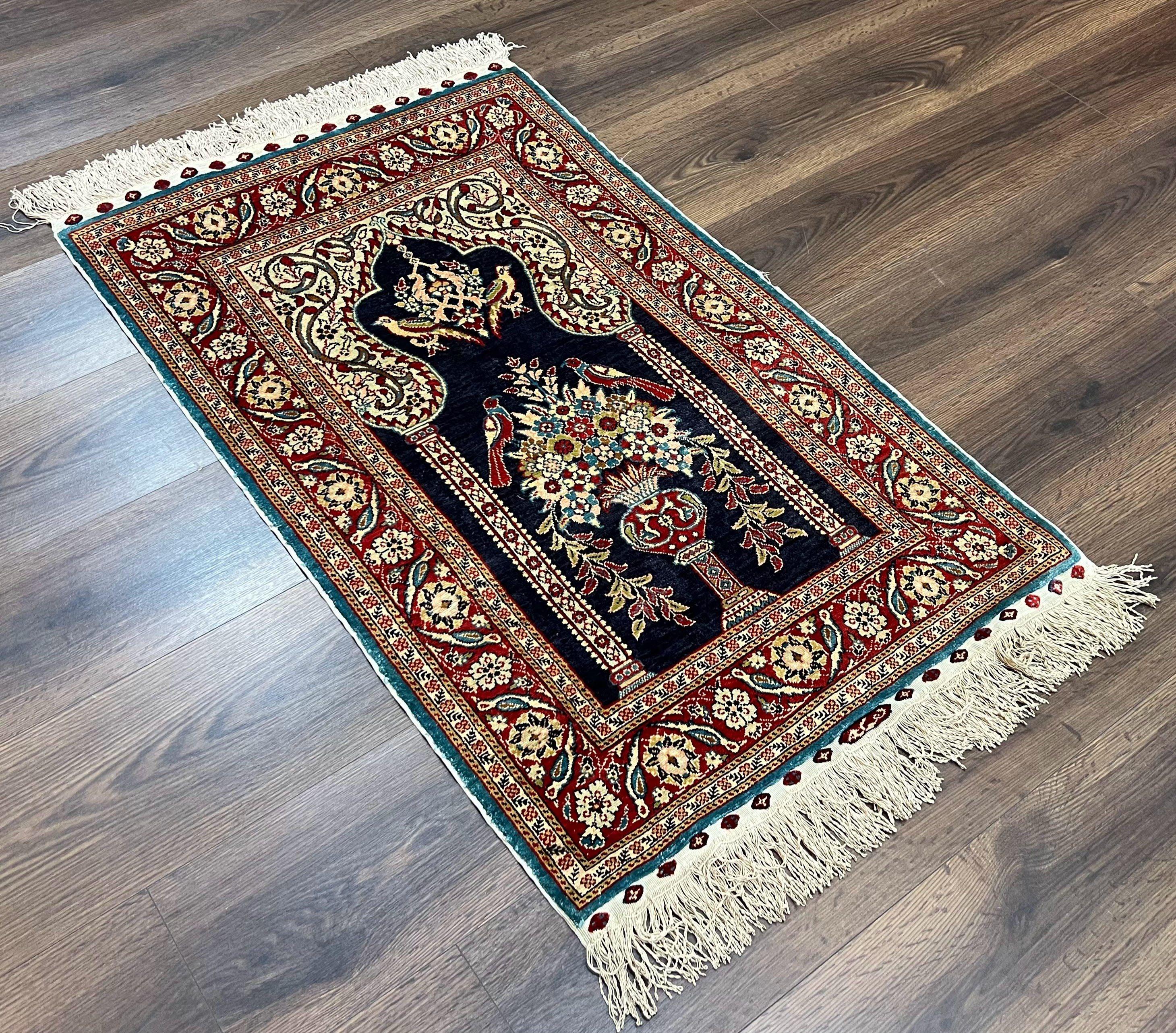 Silk Turkish Hereke Prayer Rug 2.3 x 3.7, Hand Knotted Fine Hereke Carpet, Signature from Master Weave, Flowers Vase Birds Prayer Arch, Nice - Jewel Rugs