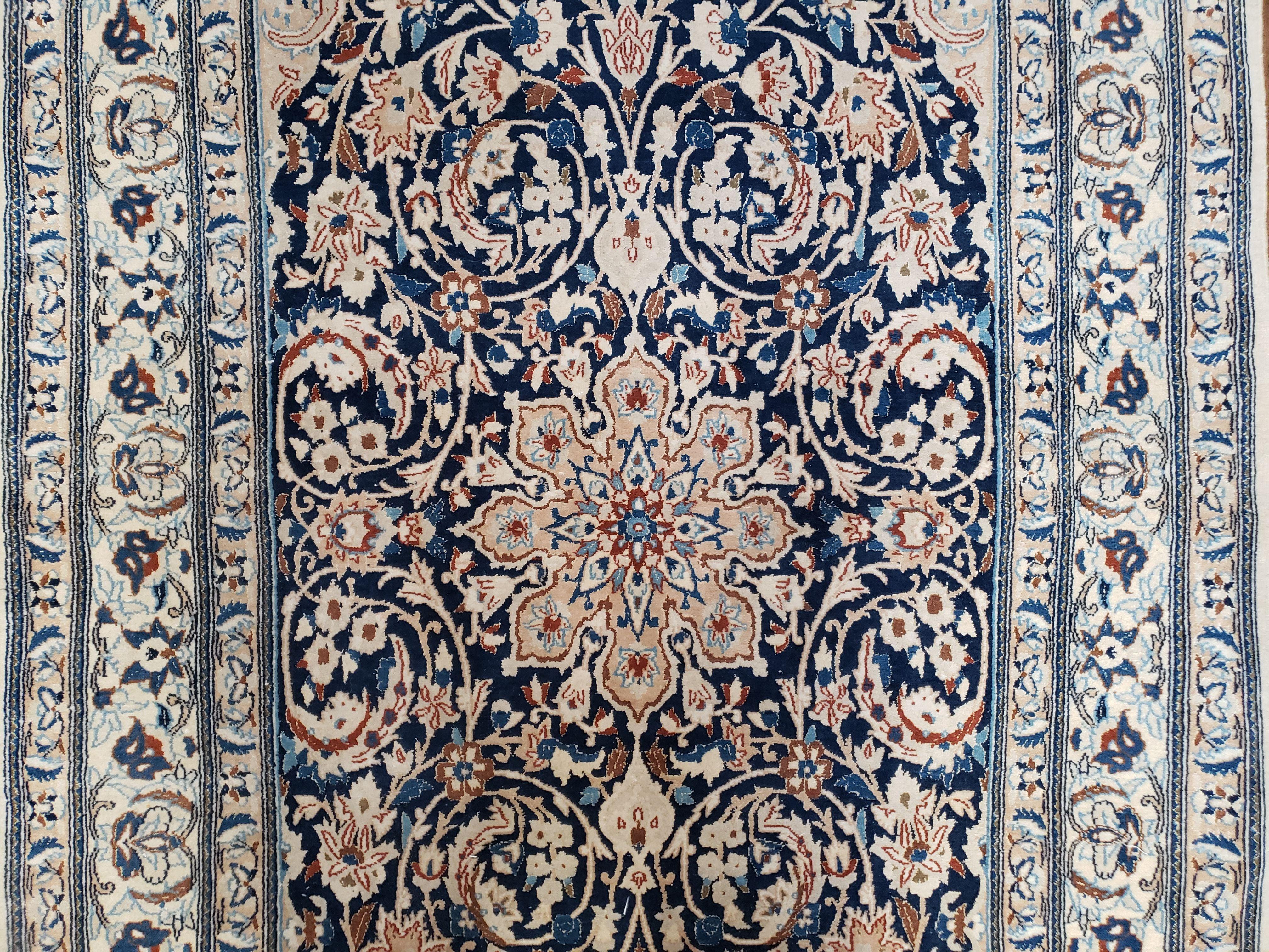 Semi Antique Fine Persian Nain Rug, Ivory & Blue, Wool with Silk Accents, 3'9" x 6'2" - Jewel Rugs