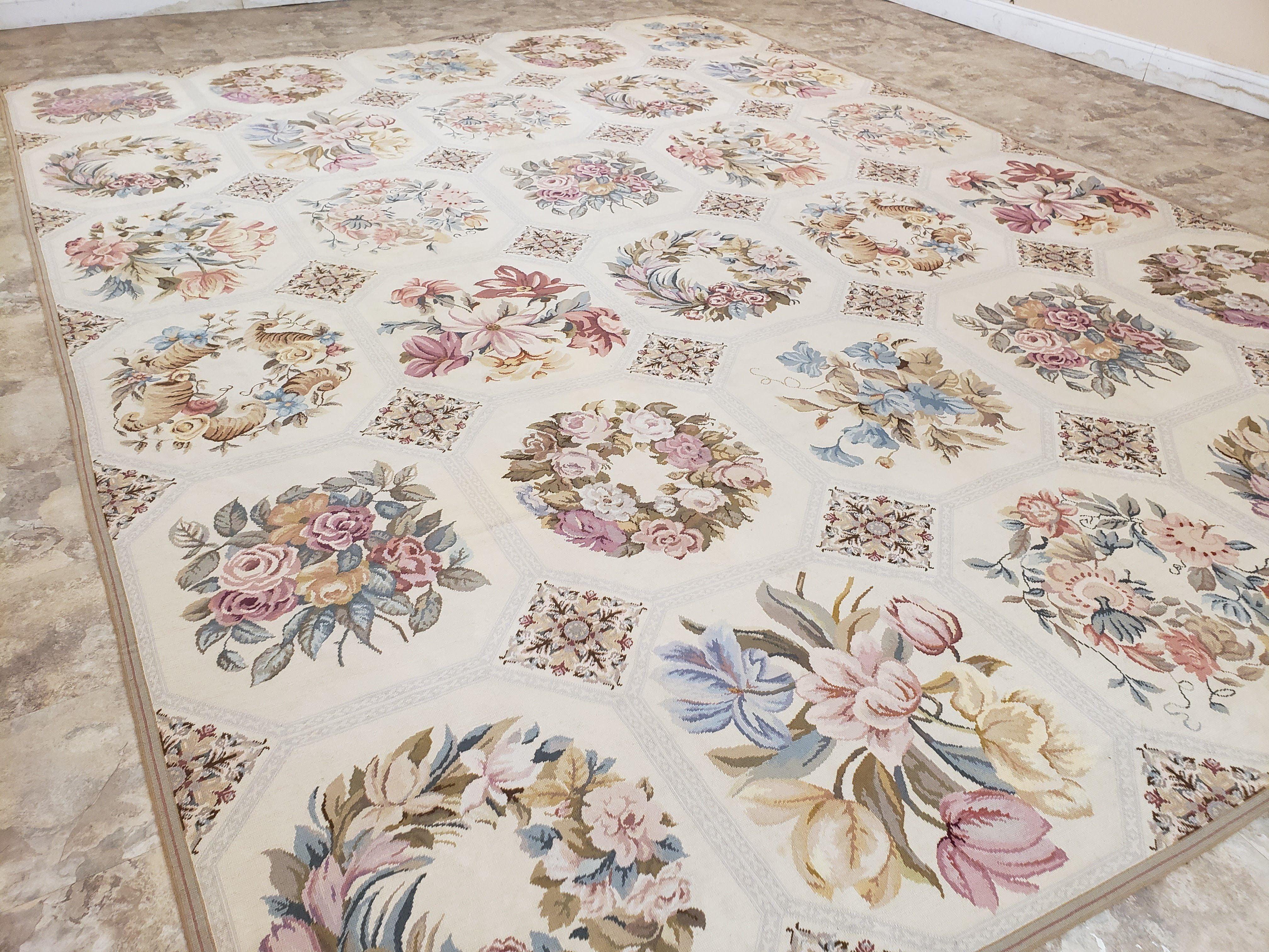 New Needlepoint Rug, 10x13 Needlepoint Carpet, Floral Panel Design, Beige, Multicolor Flowers, Handmade Hand Woven, Flatweave, No Pile, Wool - Jewel Rugs