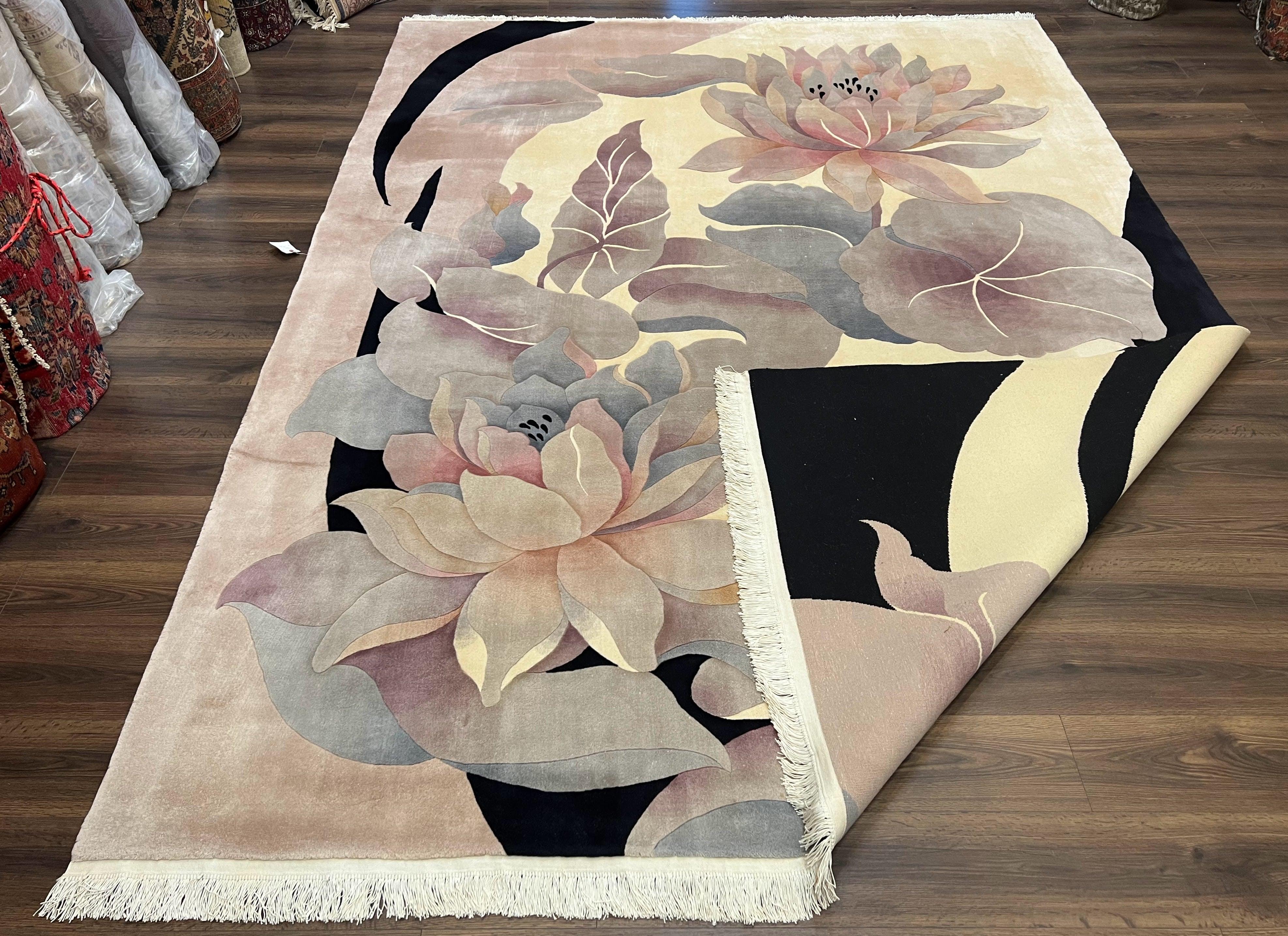 Chinese Wool Rug 9x12, Large Floral Modern Design, Soft Plush Pile, 120 Line Very Fine Chinese Carpet, Cream Gray Black, Unique Vintage Rug - Jewel Rugs