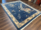 Chinese Wool Rug 8x10, Blue and Cream Art Deco Carpet, Vintage 1960s Oriental 120 Line Nichols Rug, Floral Design, Soft Plush Wool, Handmade - Jewel Rugs